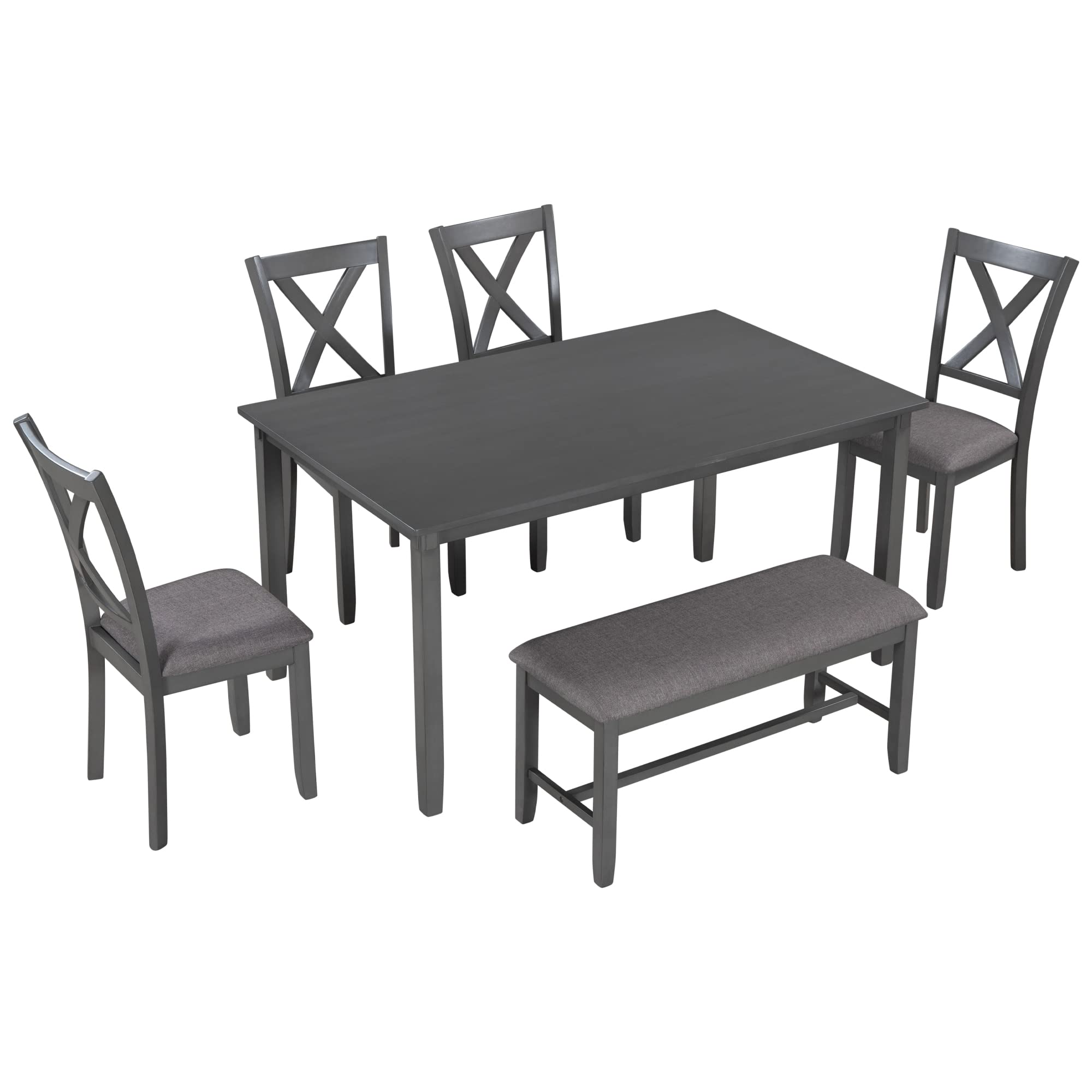 Merax 6-Piece Kitchen Dining Set - Wooden Rectangular Table, Bench & 4 Upholstered Chairs, Gray - Perfect for Family Meals, Entertaining Guests & Small Space Dining Rooms