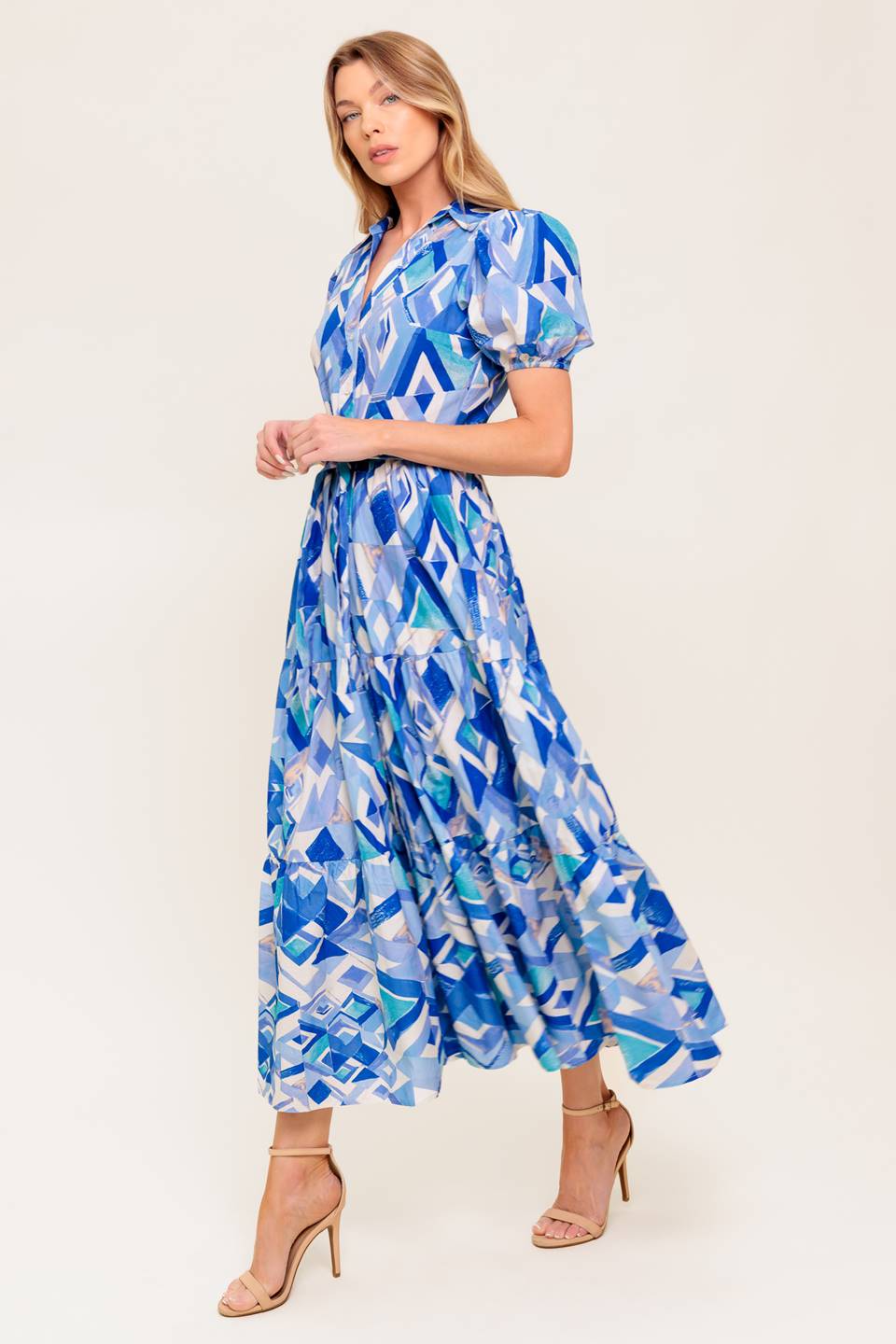 FAITH MIDI DRESS - Blue Geometric Print Cotton Dress for Women | Summer Casual & Party Wear | Perfect for Beach, Office and Date Night Outfits