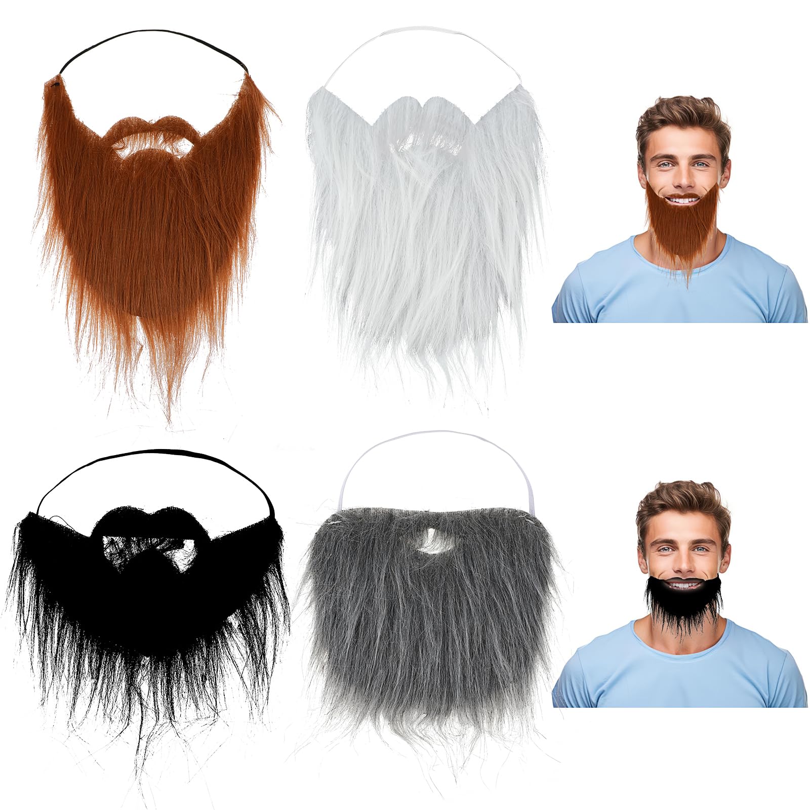 4Pcs Fake Beards & Mustaches Set - Santa Beard Costume Accessories for Halloween, Christmas Party & Cosplay - Funny Facial Hair Decor in Multicolor - Perfect for Costume Parties, Themed Events & Dress-Up Fun