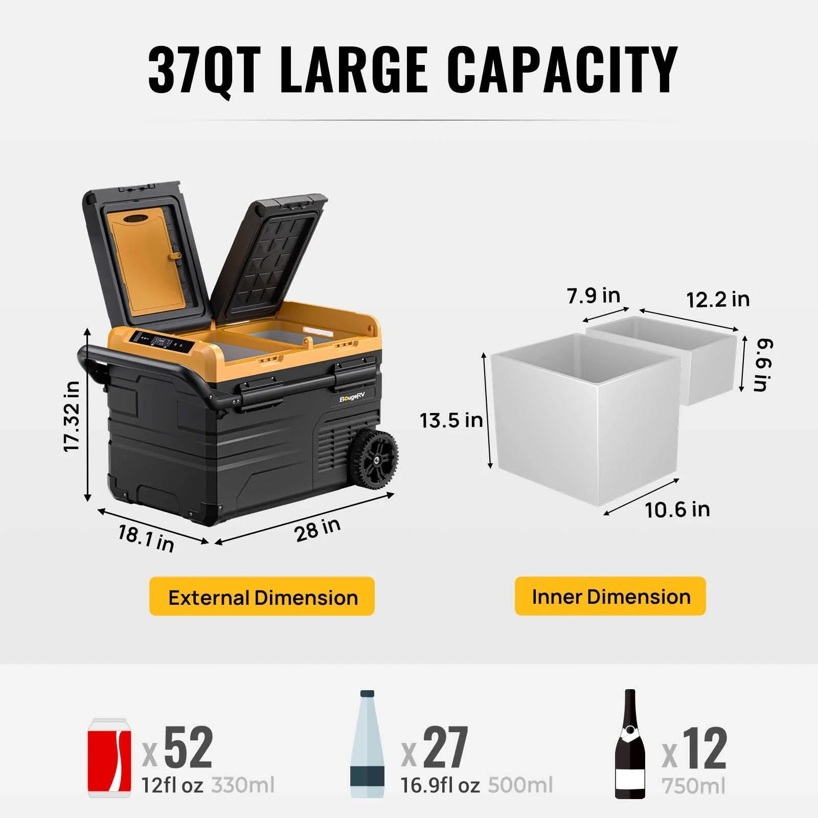 BougeRV CRD35 37QT 12V Dual Zone Car Refrigerator - Portable Freezer for Camping, Road Trips & Outdoor Adventures