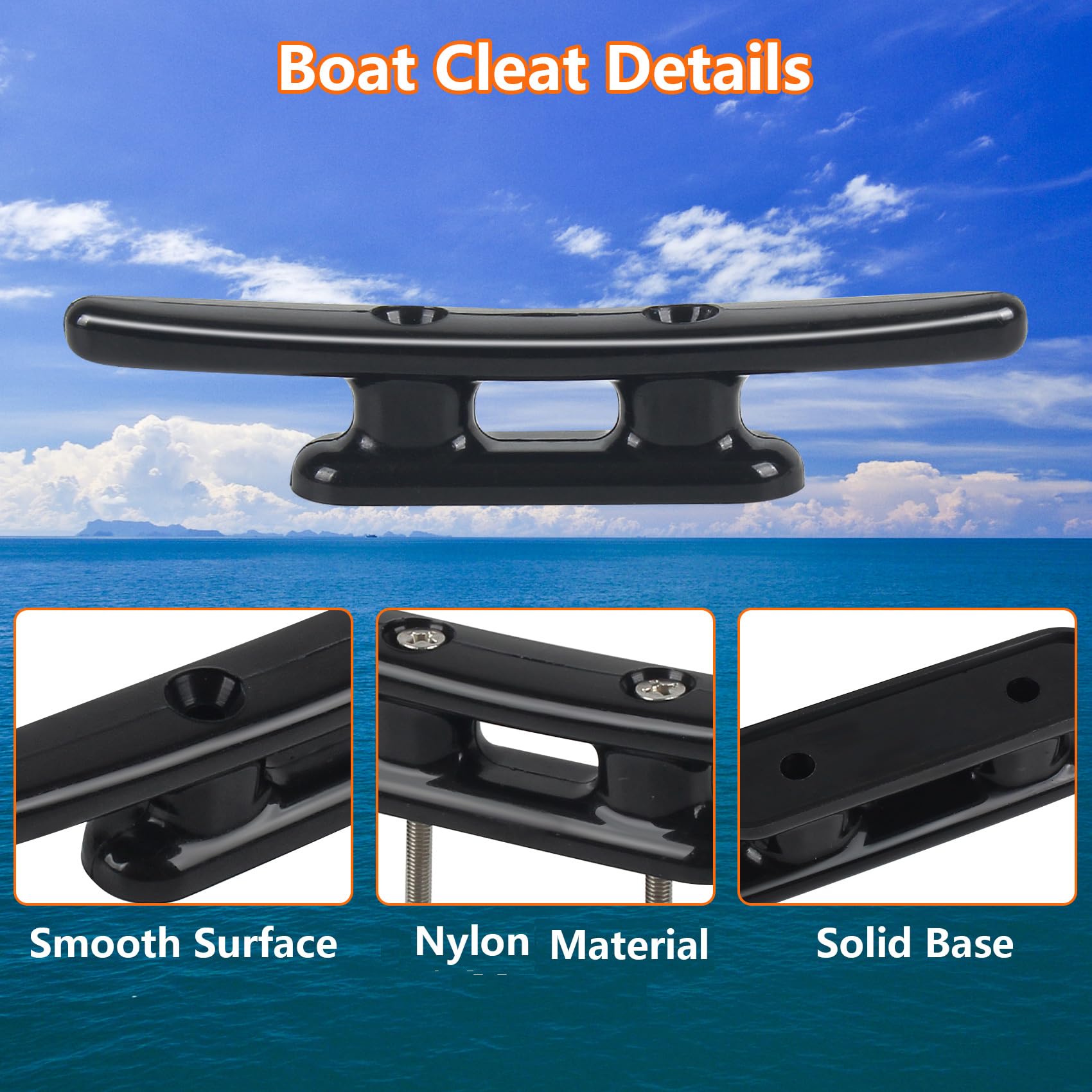 ORLANG 8 Inch Heavy Duty Nylon Boat Cleats 4 Pack - Marine Grade Dock Cleats with Stainless Steel Fasteners - Rope Cleat for Deck, Boat, Kayak, Pontoon & Nautical Decor (Black) - Perfect for Docking, Mooring & Securing Watercraft