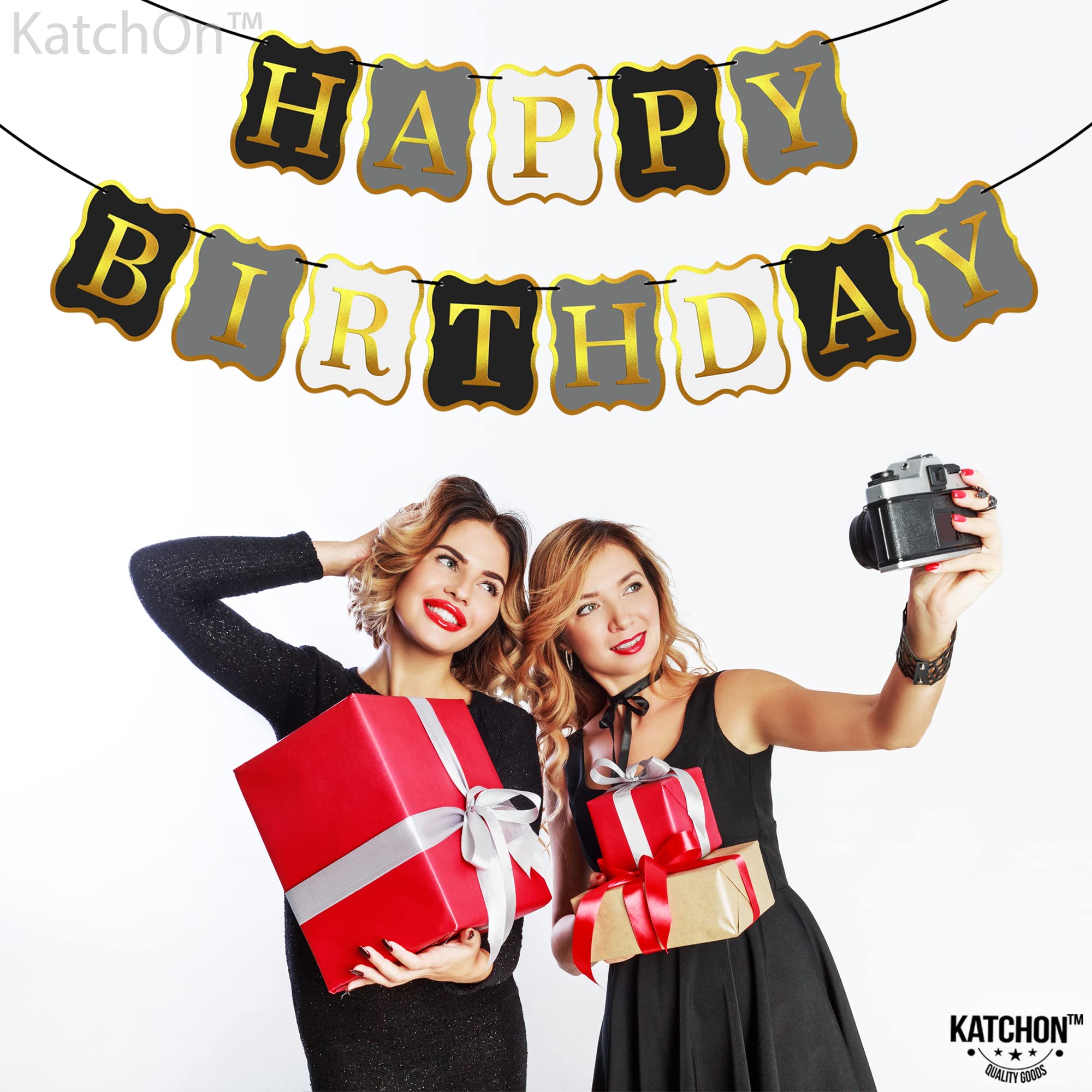 KatchOn 10ft Black & Gold Happy Birthday Banner - Premium Party Backdrop Sign for Birthday Decorations | Perfect for Indoor & Outdoor Celebrations, Photo Booths, and Festive Events
