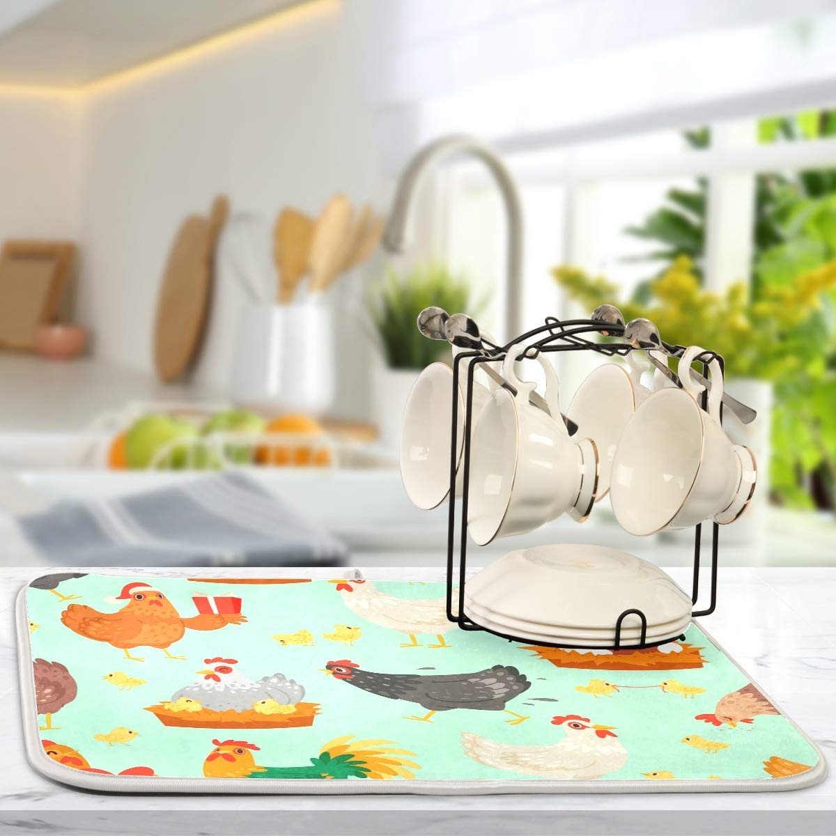 Microfiber Dish Drying Mat 16x18 Inch - Absorbent Chicken Design for Kitchen Counter - Perfect for Dishes & Utensils