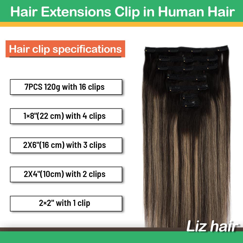 Ombre Natural Black to Honey Ash Blonde Clip-In Human Hair Extensions 14 Inch 120g 7pcs - Straight Real Hair Extensions for Short Hair - Perfect for Daily Styling, Parties & Special Occasions