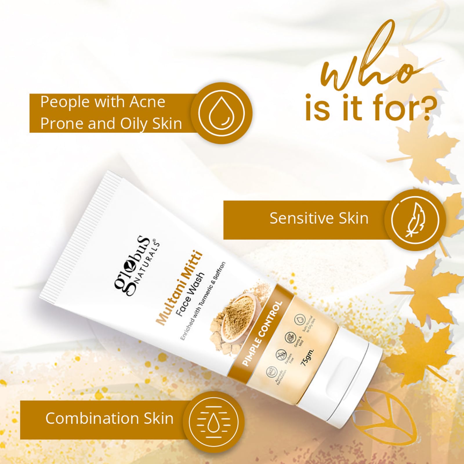 Globus Naturals Multani Mitti Face Wash with Turmeric & Saffron - Acne Treatment for Oily & Acne-Prone Skin - 75gm | Deep Cleansing & Pimple Control | Perfect for Daily Skincare Routine & Breakout Prevention