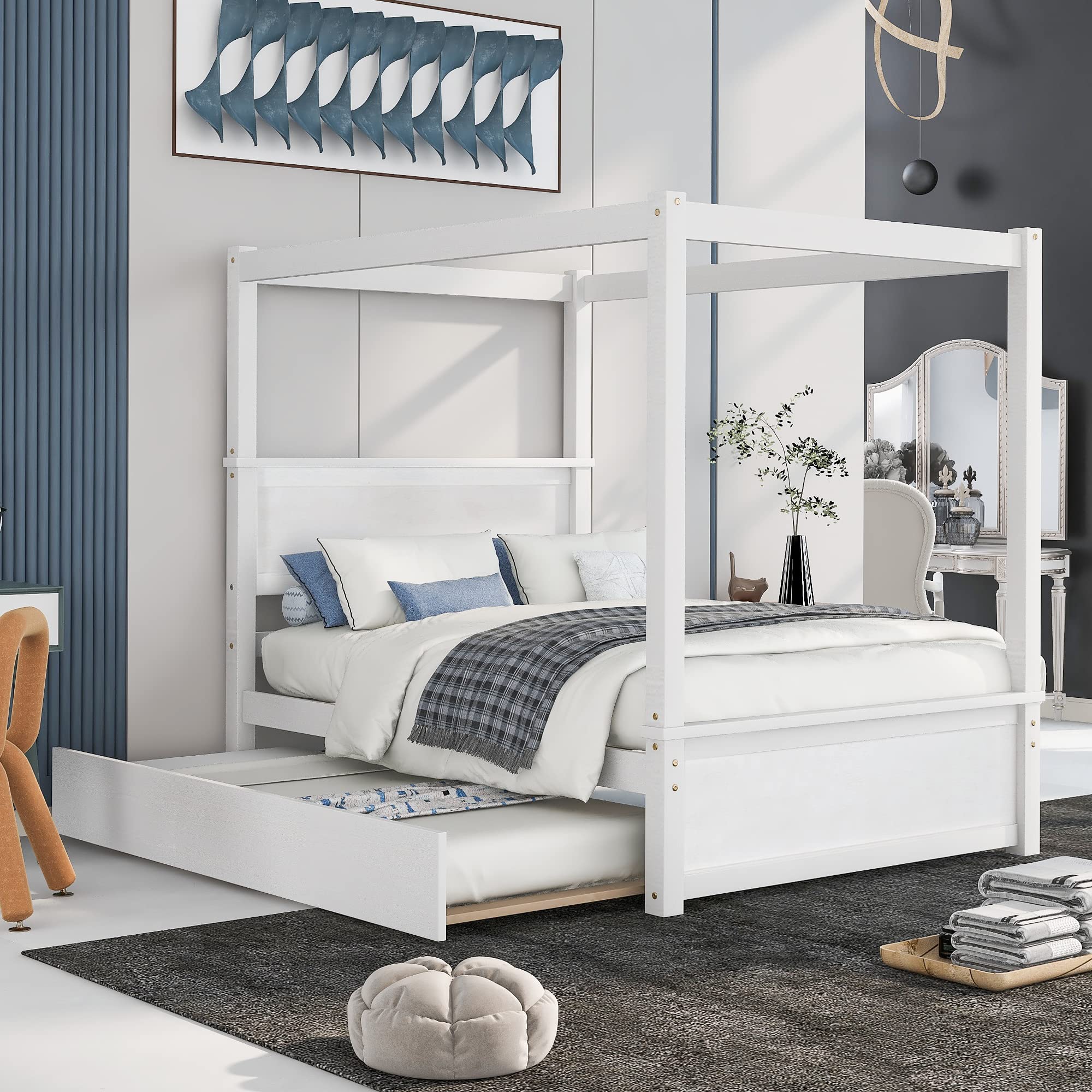 Full Size Wood Canopy Bed with Trundle - Sturdy Platform Bed Frame with Support Slats, No Box Spring Required - Perfect for Guest Rooms, Kids' Bedrooms & Space-Saving Solutions