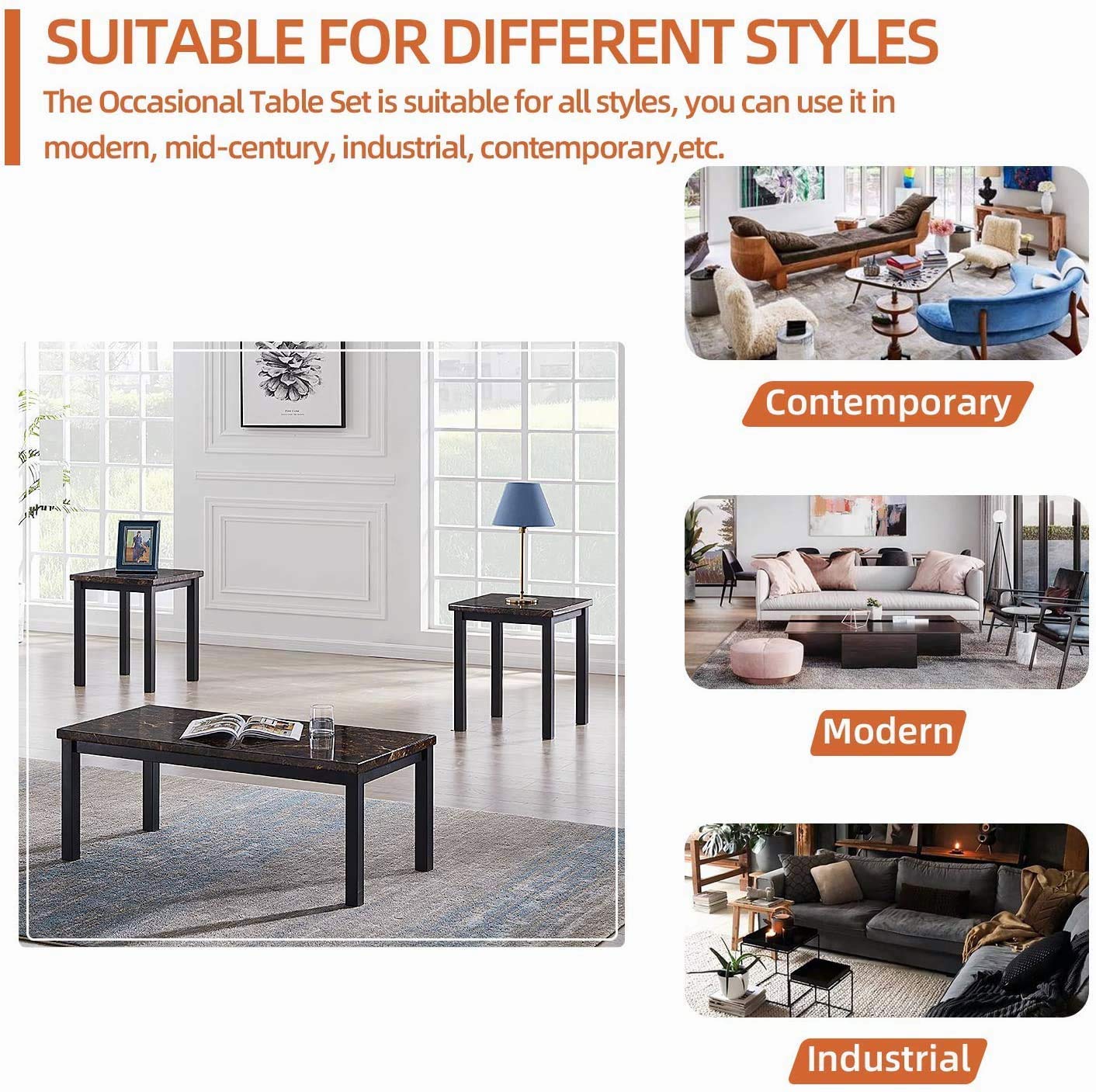 Hooseng 3-Piece Coffee Table Set with Faux Marble Tabletop & Black Metal Frame - Modern Sofa Side Tables for Living Room - Includes Coffee Table & 2 End Tables in Brown - Perfect for Home Decor, Small Space Furniture & Coffee Table Styling