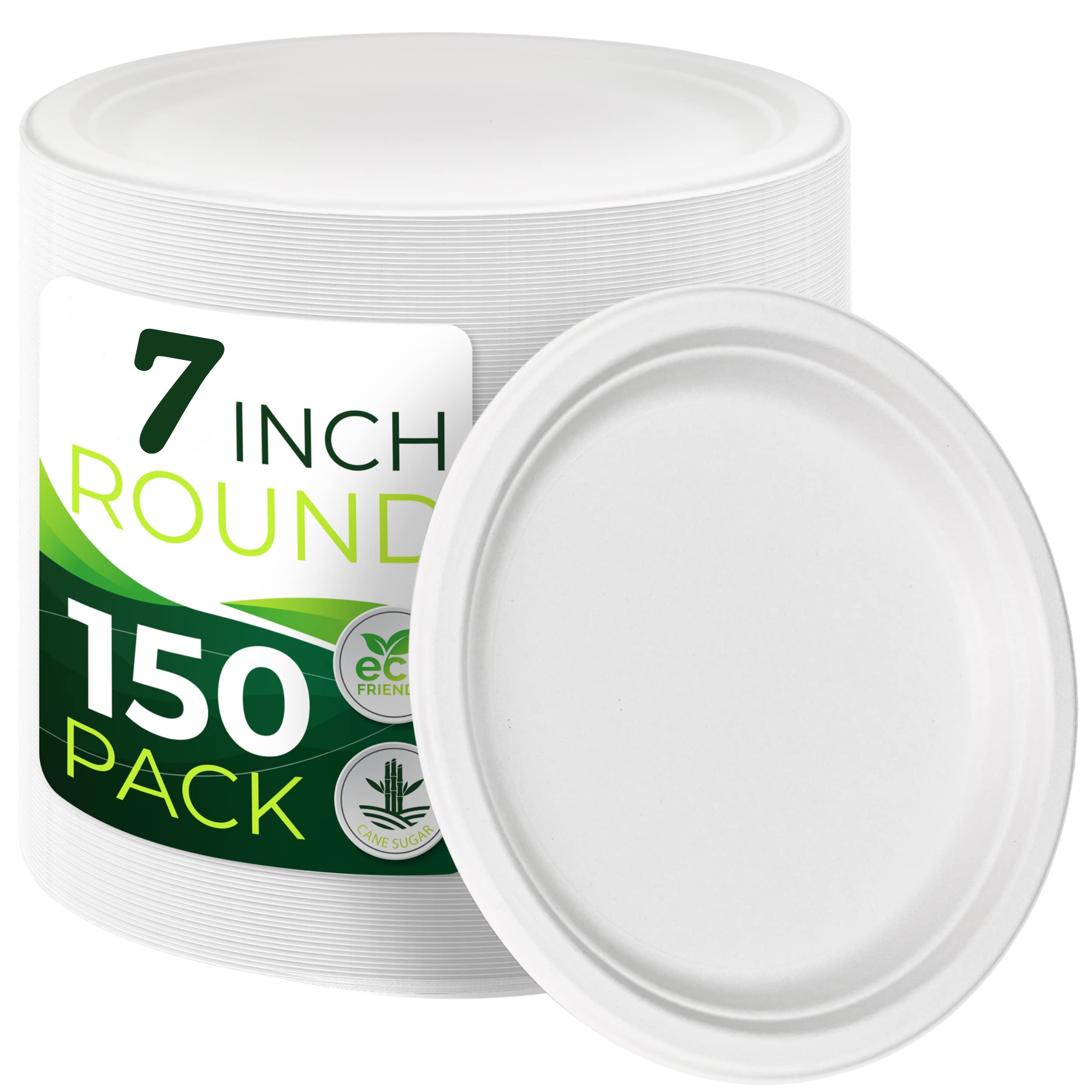 150pcs 100% Compostable 7-Inch Small Paper Plates | Heavy Duty Eco-Friendly Appetizer & Dessert Plates | Biodegradable Sugarcane Fiber | Perfect for Parties, Picnics & Sustainable Events