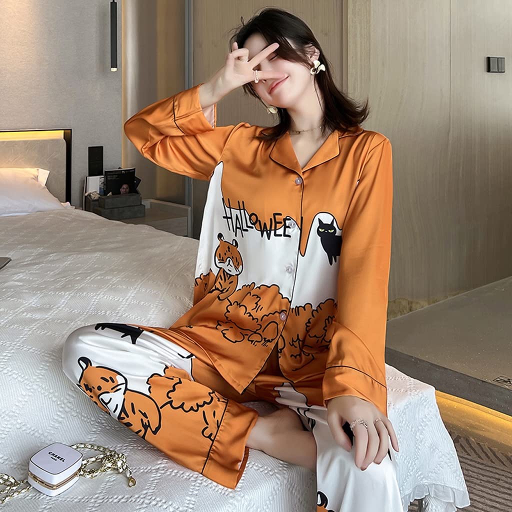 EKDSPW Women's Italian Design Satin Pajama Set - Long Sleeve Sleepwear & Pants for Nighttime Comfort (A Color, X-Large Size) | Perfect for Relaxing at Home, Sleepovers & Gift Giving
