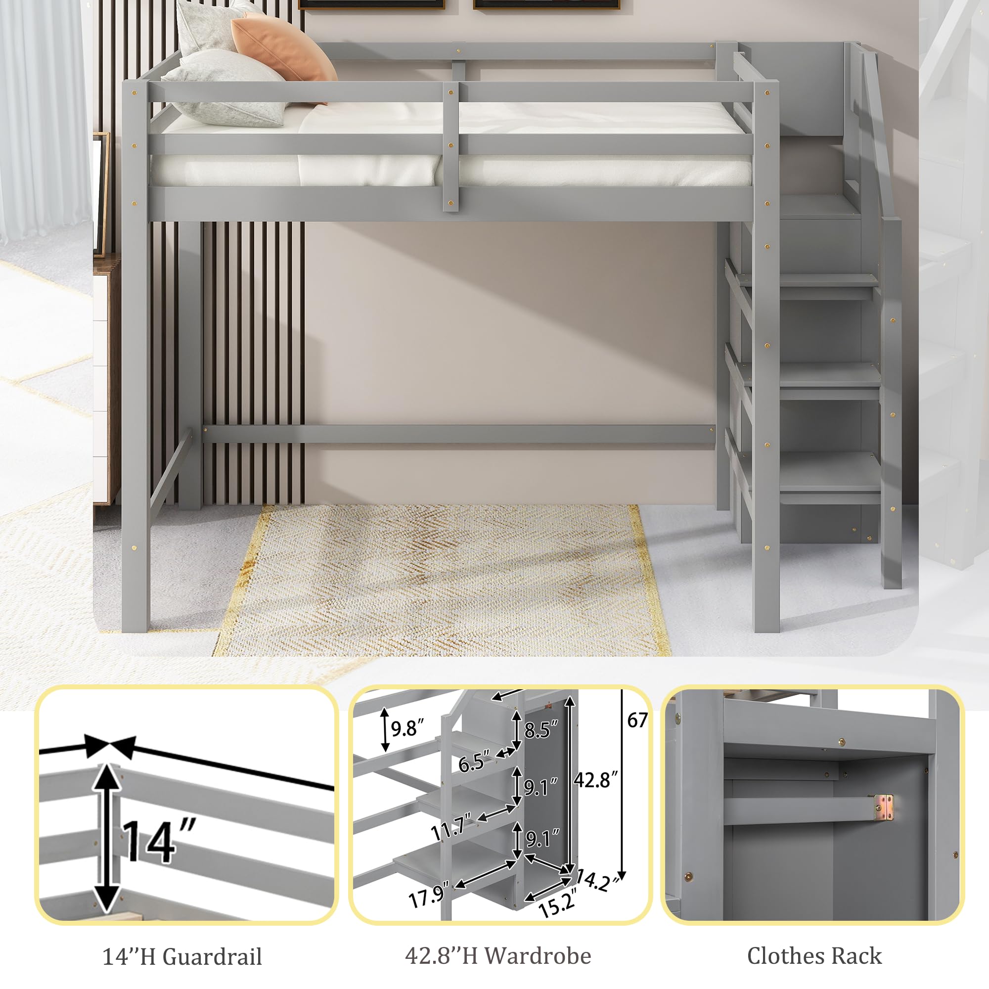 Polibi Full Size Wooden Loft Bed with Built-in Wardrobe & Staircase - Space Saving Storage Bed Frame with Guardrails, No Box Spring Needed, Grey - Perfect for Kids Rooms, Dormitories & Small Apartments