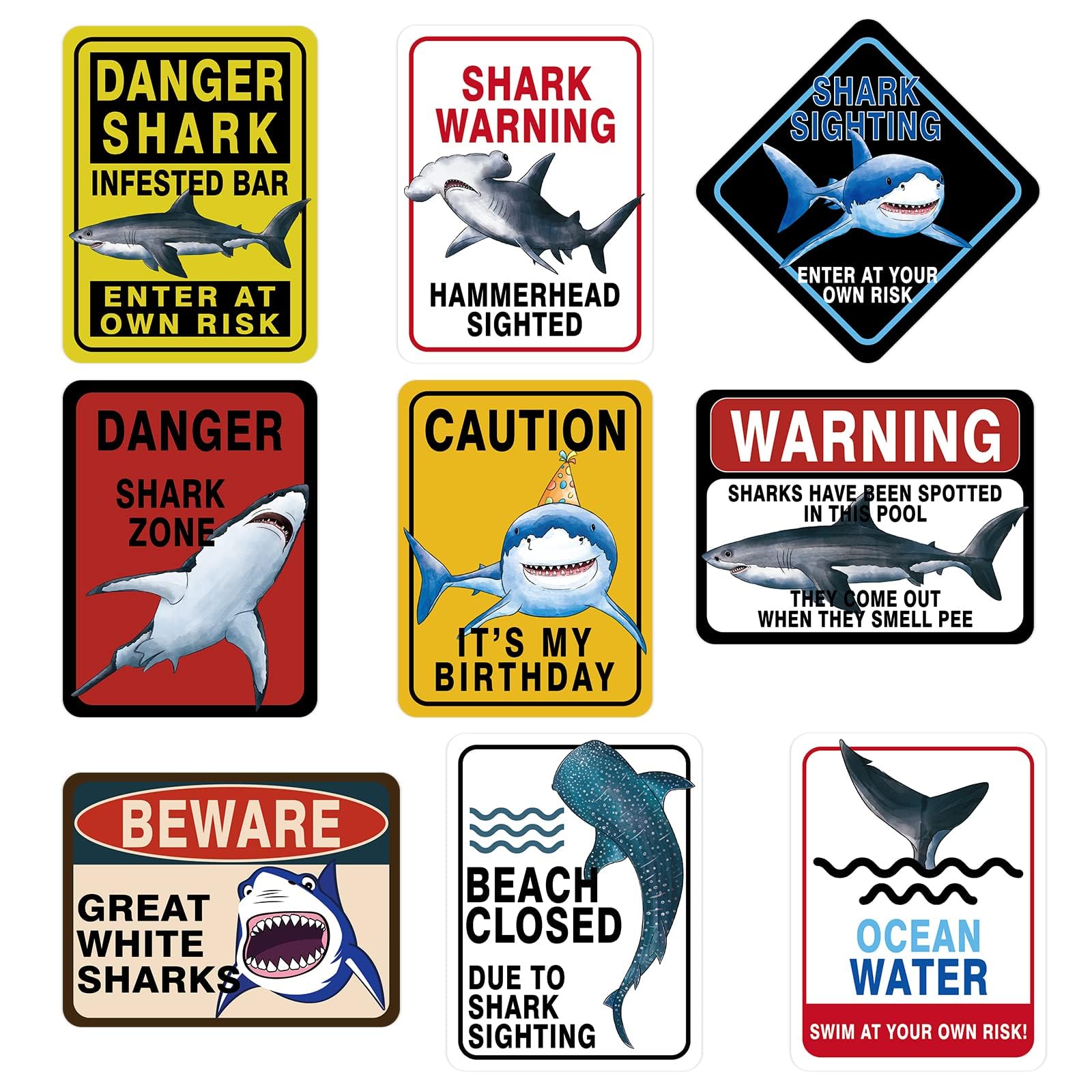 WERNNSAI Shark Zone Party Decorations - 9 PCS Shark Birthday Wall Decor, Posters & Warning Signs for Boys Kids Ocean Theme Party Supplies | Perfect for Underwater Birthday, Baby Shower & Classroom Decor