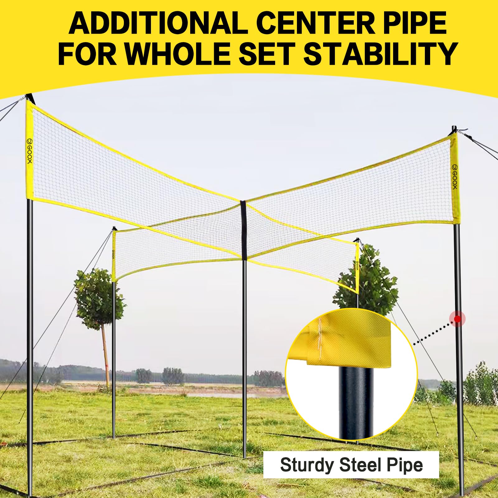 GOOX 4 Square Volleyball Net Set - 14 FT 4-Way Volleyball Net for Backyard, Beach & Lawn - Portable Four Square Volleyball Net for Adults & Kids with Volleyball, Air Pump & Carry Bag - Perfect for Outdoor Games, Picnics & Family Gatherings