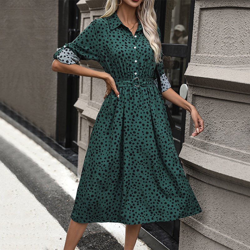 LOVEVOP 2025 Polka Dot Long Dress for Women - High Waist Lapel Button Elegant Dress with Belt | Perfect for Wedding Guest, Cocktail Party & Formal Occasions