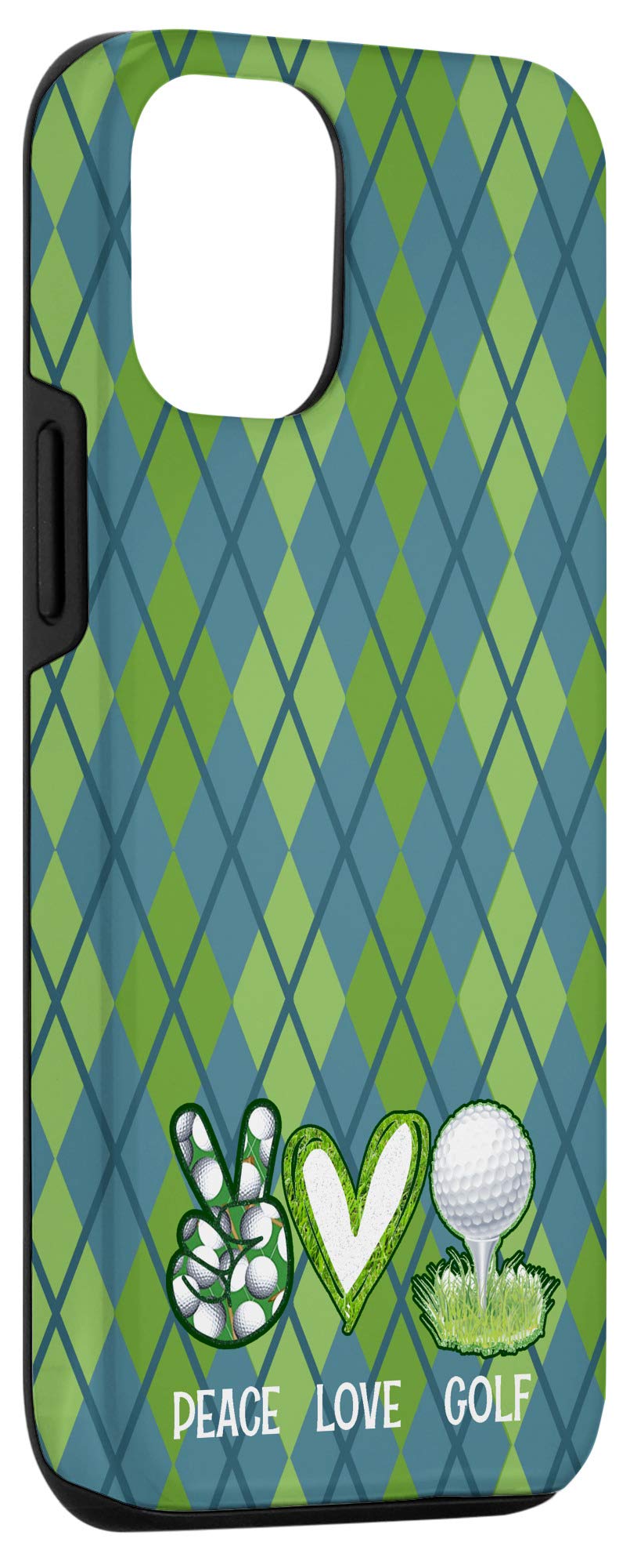 Premium iPhone 12/12 Pro Case - Green & Blue Argyle Pattern with Peace, Love & Golf Ball Heart Design | Trendy Protective Cover for Everyday Use, Golf Outings & Casual Style
