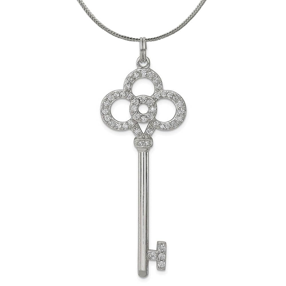 Black Bow Silver Four Ring Cubic Zirconia Key Pendant Necklace - 1 7/8 Inch Elegant Jewelry for Women, Perfect Gift for Birthday, Anniversary & Special Occasions