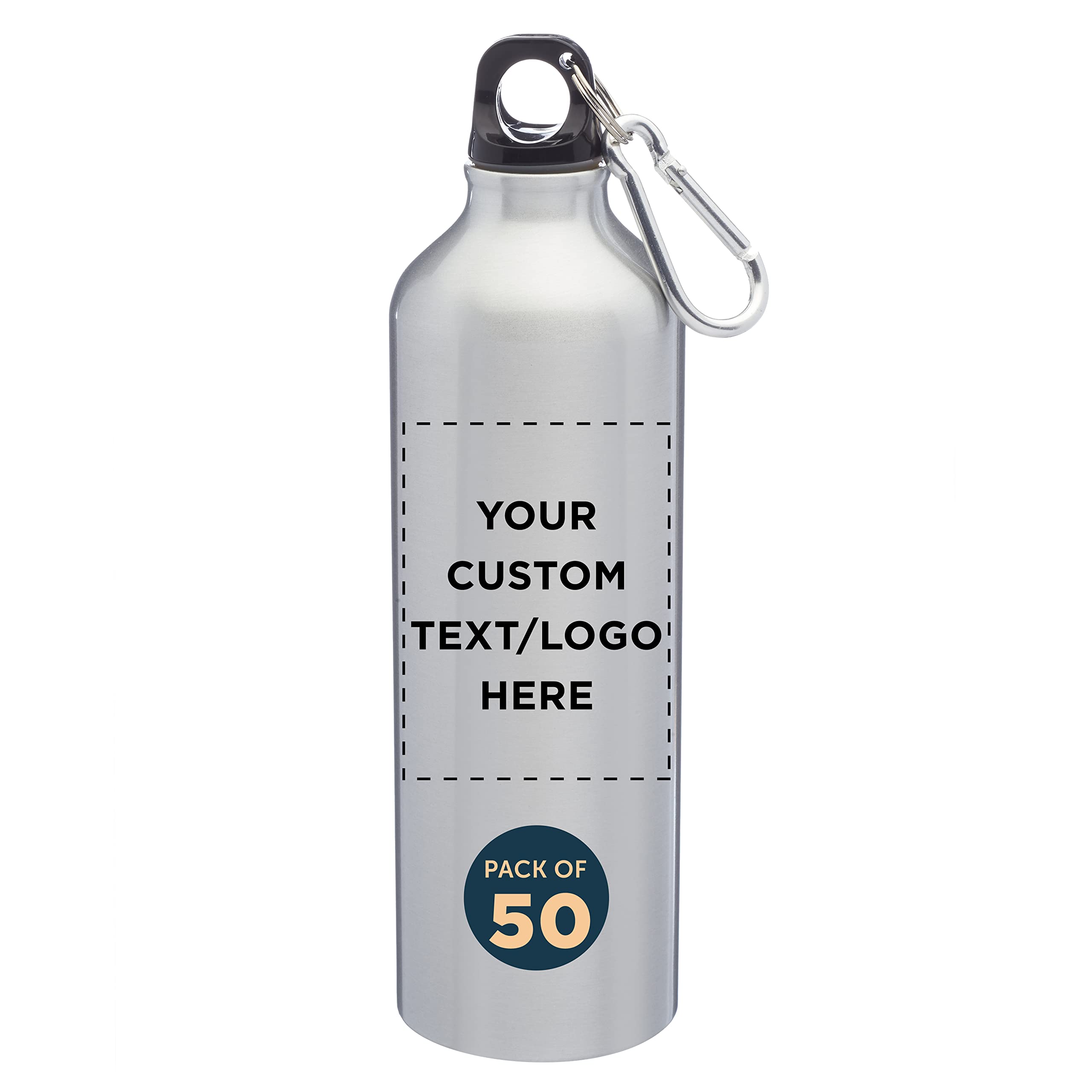 Custom 24 oz Aluminum Water Bottles with Carabiner - Bulk Pack of 50 Personalized Sports Bottles - Ideal for Gym, Hiking, Camping, Running & Outdoor Activities - Silver Water Bottle for Athletes & Fitness Enthusiasts