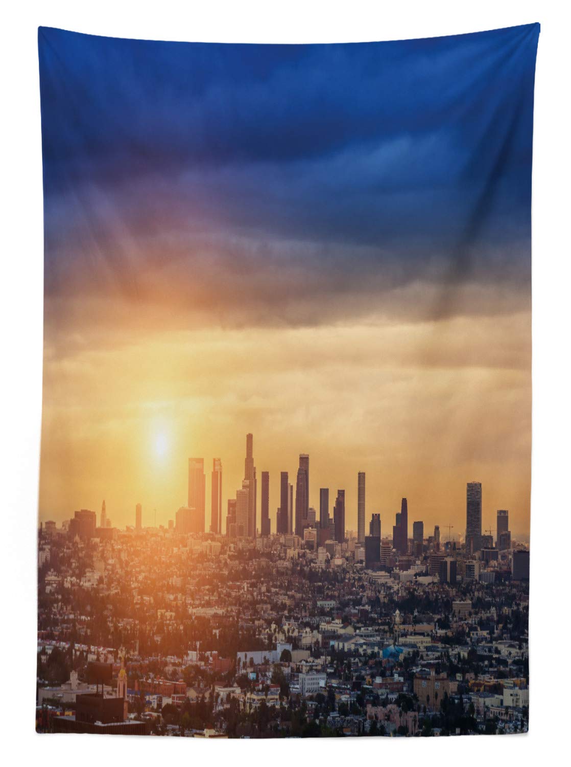 Ambesonne City Tablecloth - Los Angeles Urban Architecture Sunrise Scenic Design, Navy Blue Apricot Ivory Rectangular Table Cover 60x90 Inches for Dining Room & Kitchen Decor | Perfect for Dinner Parties, Family Gatherings & Home Styling