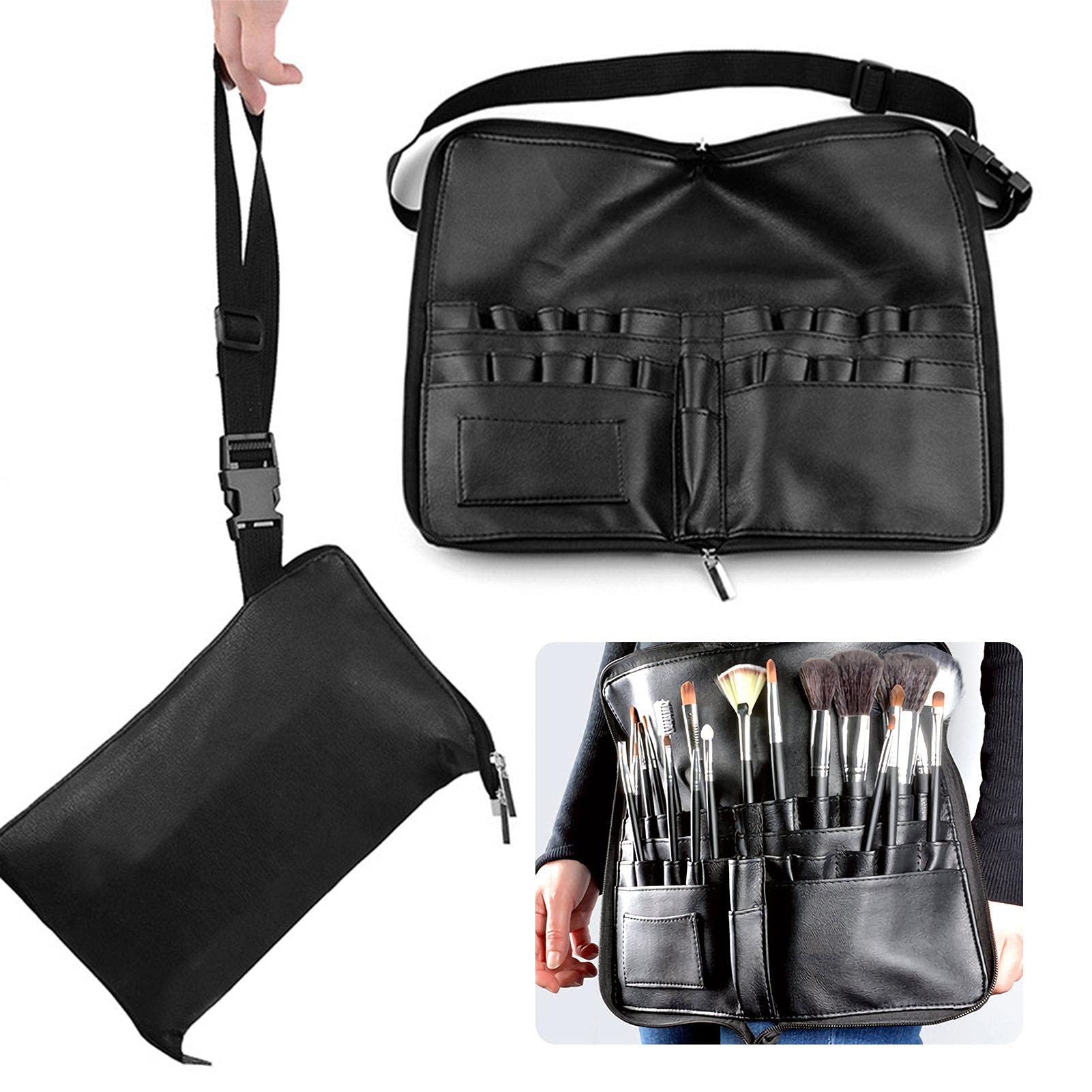 Professional Makeup Brush Organizer Bag - 24 Pockets Foldable Cosmetic Brush Holder with Artist Belt Strap & Zipper Closure | Perfect for Travel, Home Storage & Makeup Artist On-The-Go (Brushes Not Included)