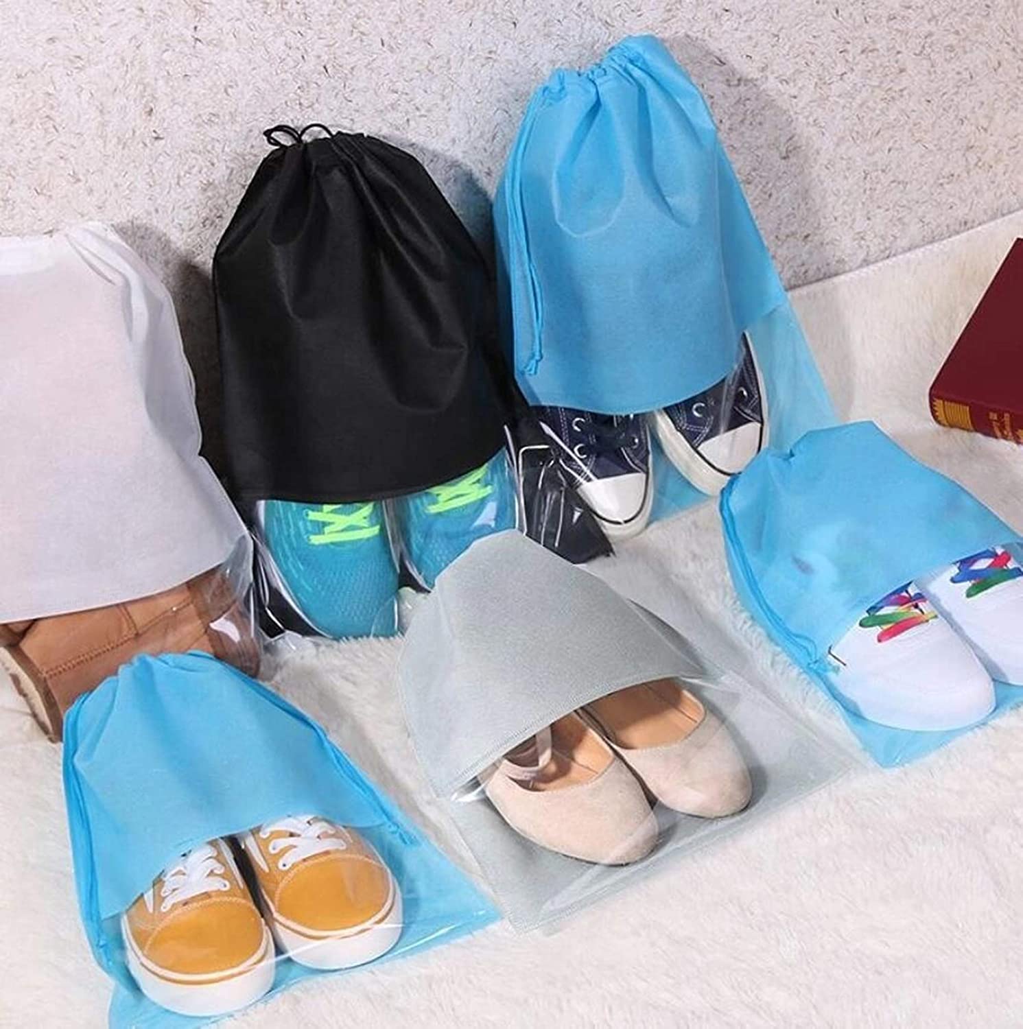 18-Piece Non-Woven Shoe Storage Bags - Travel Shoe Covers & Organizer Pouch Set - Portable Dustproof String Bags for Sneakers, Boots & Sandals - Perfect for Travel, Gym & Home Closet Organization (Black)