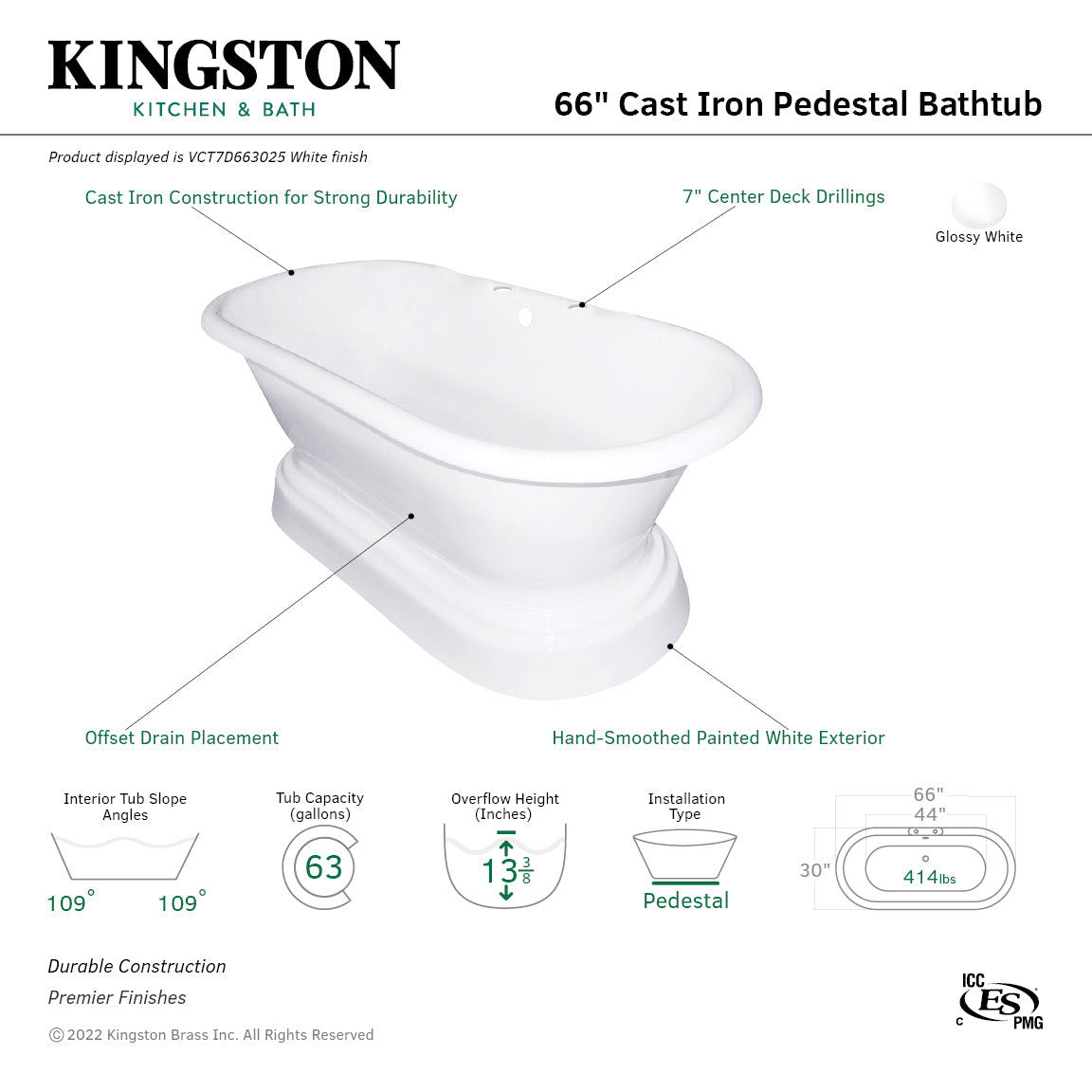 Aqua Eden 66 Inch White Cast Iron Oval Double Ended Pedestal Bathtub with 7 Inch Faucet Drillings - Freestanding Soaking Tub for Luxury Bathroom & Spa Relaxation