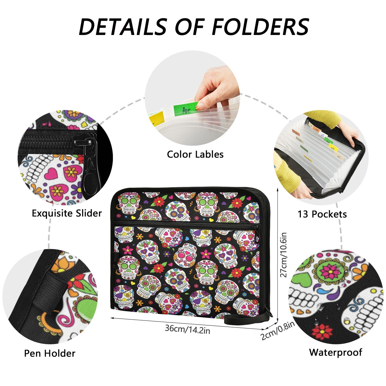 Kcldeci 13-Pocket Expanding File Folder with Zipper Closure - Sugar Skull Design Document Organizer for A4/Letter Paper - Perfect for Office, School, and Home Organization