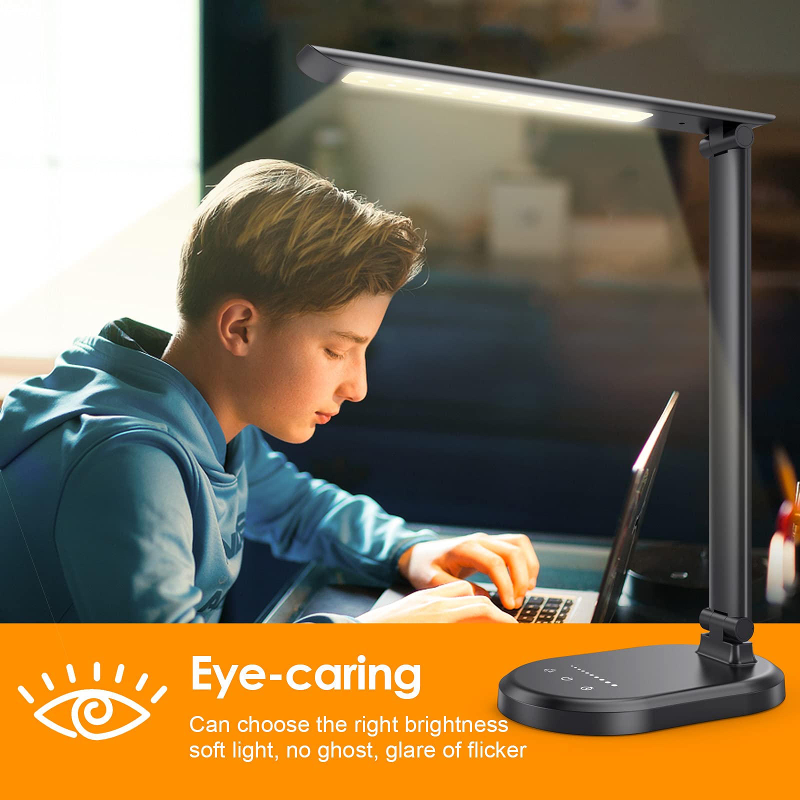LED Desk Lamp with USB Charging Port - Dimmable Office Lamp, 3 Lighting Modes & 10 Brightness Levels, Touch Control & Memory Function, Eye-Caring Study Light for Home Office, Reading, Bedroom, Dorm Room - Perfect for Work, Homework & Nighttime Reading