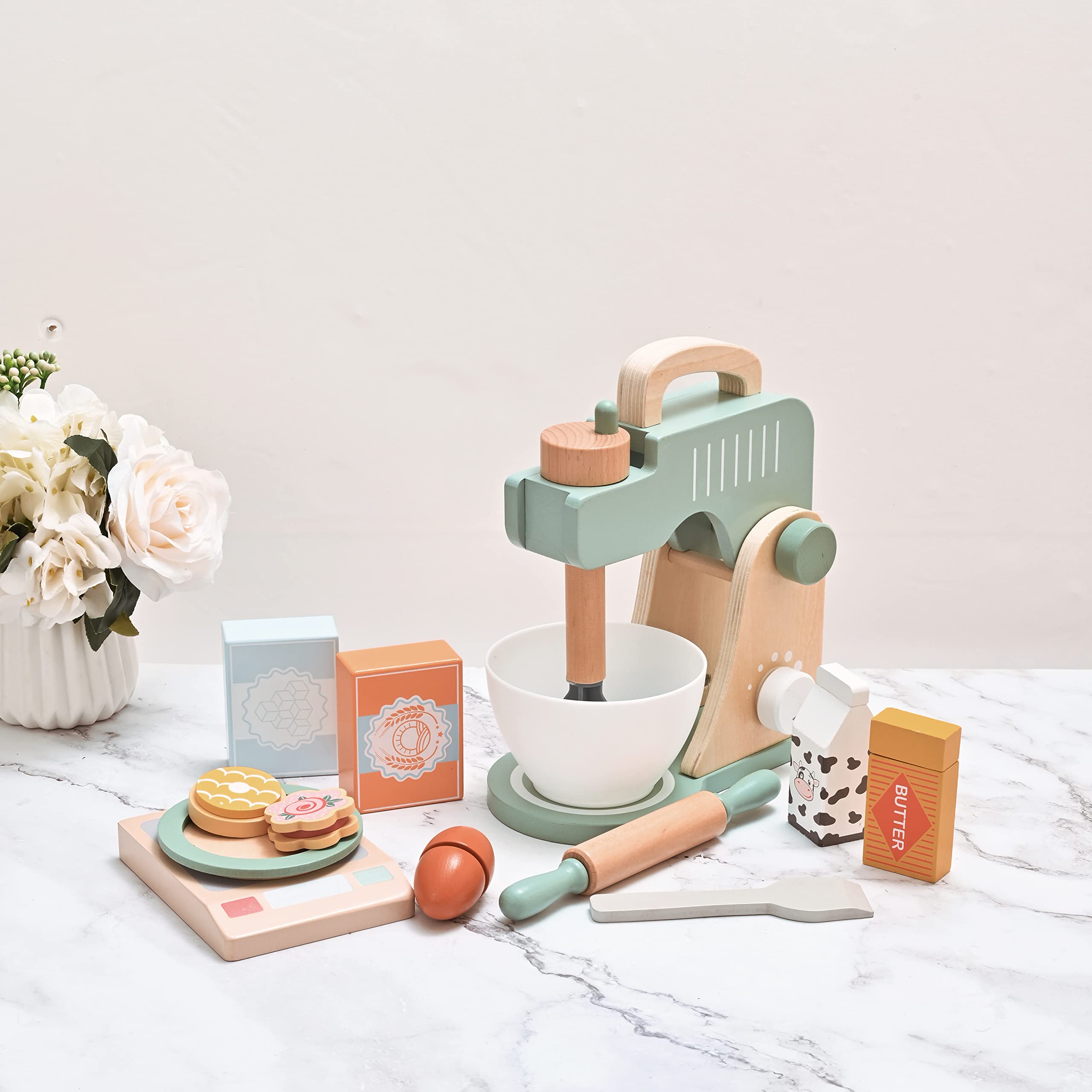 **Wooden Pretend Play Kitchen Accessories Set for Kids - Toy Mixer, Blender & Bake Cookies Playset - Educational Cooking Toys for Boys & Girls Ages 3+ - Perfect for Imaginative Play & Role-Playing Games**