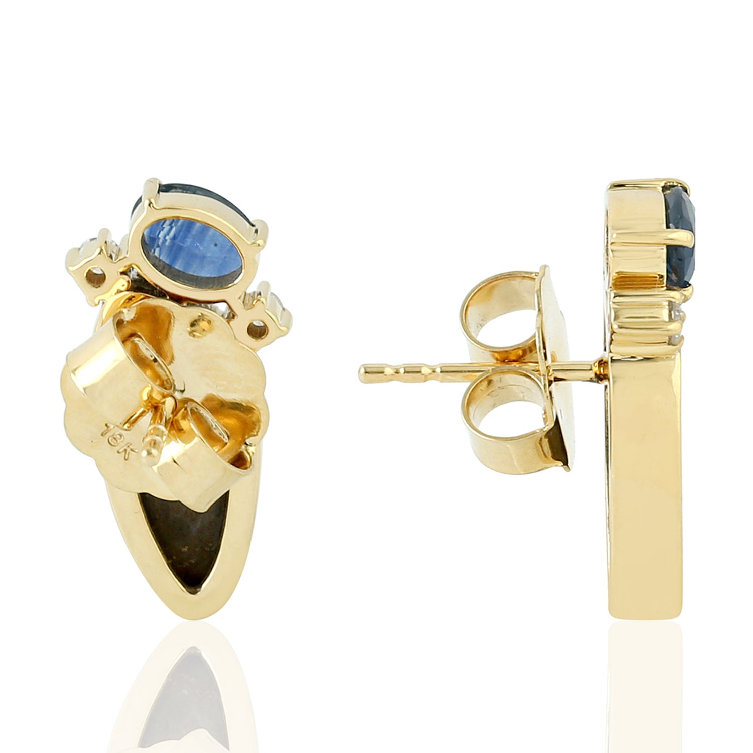 Blue Sapphire & Opal Diamond Gemstone Stud Earrings in 18K Yellow Gold - Elegant Jewelry for Women, Perfect for Weddings, Parties & Special Occasions