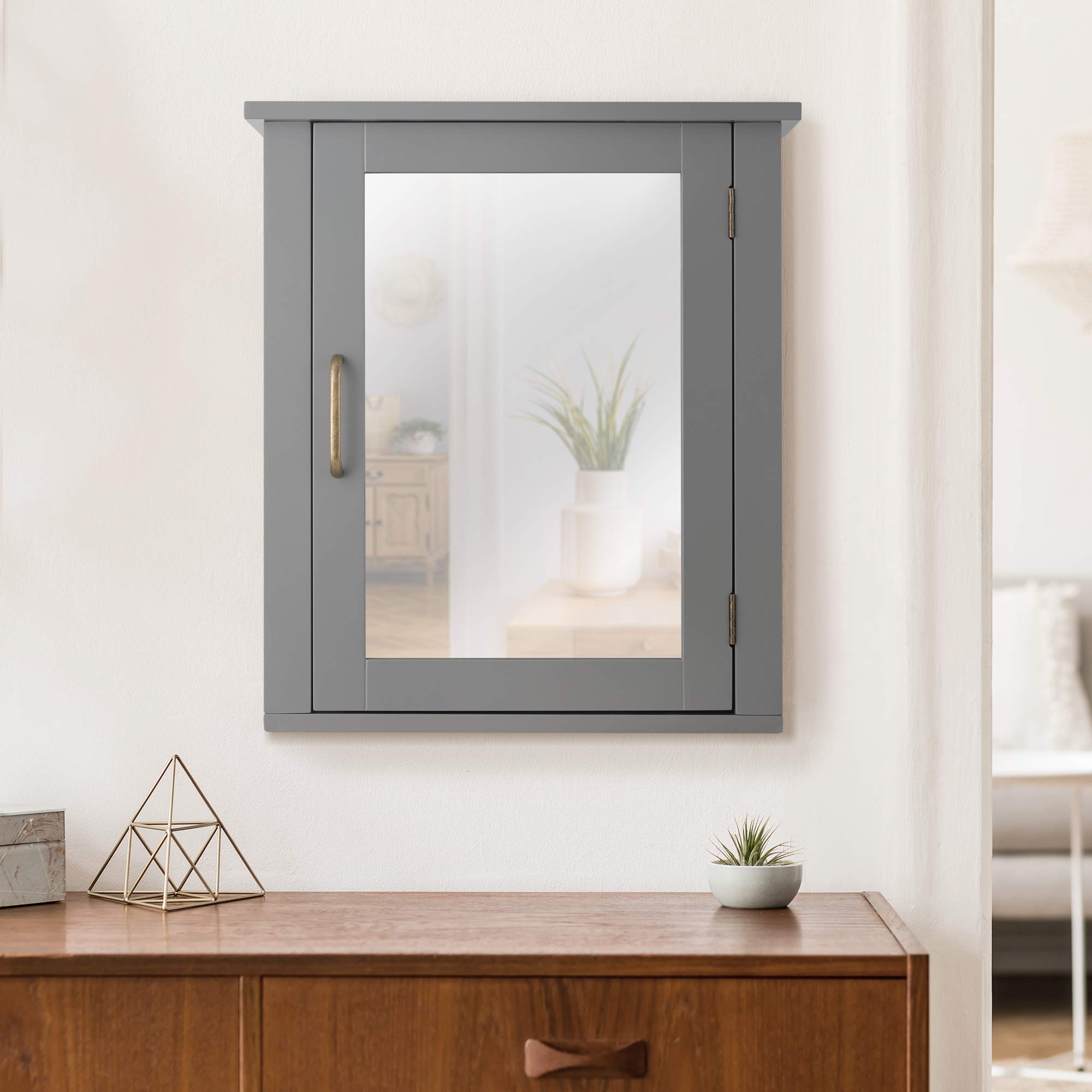 Teamson Mercer Grey Wooden Wall Cabinet with Mirror for Bathroom Storage