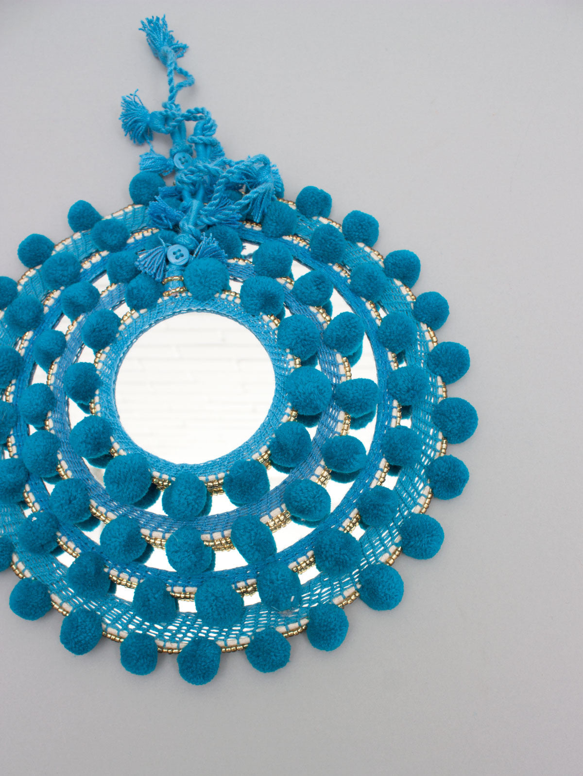 Stylish Teal Pom Pom Wall Mirror - Boho Home Decor for Bedroom, Living Room & Bathroom