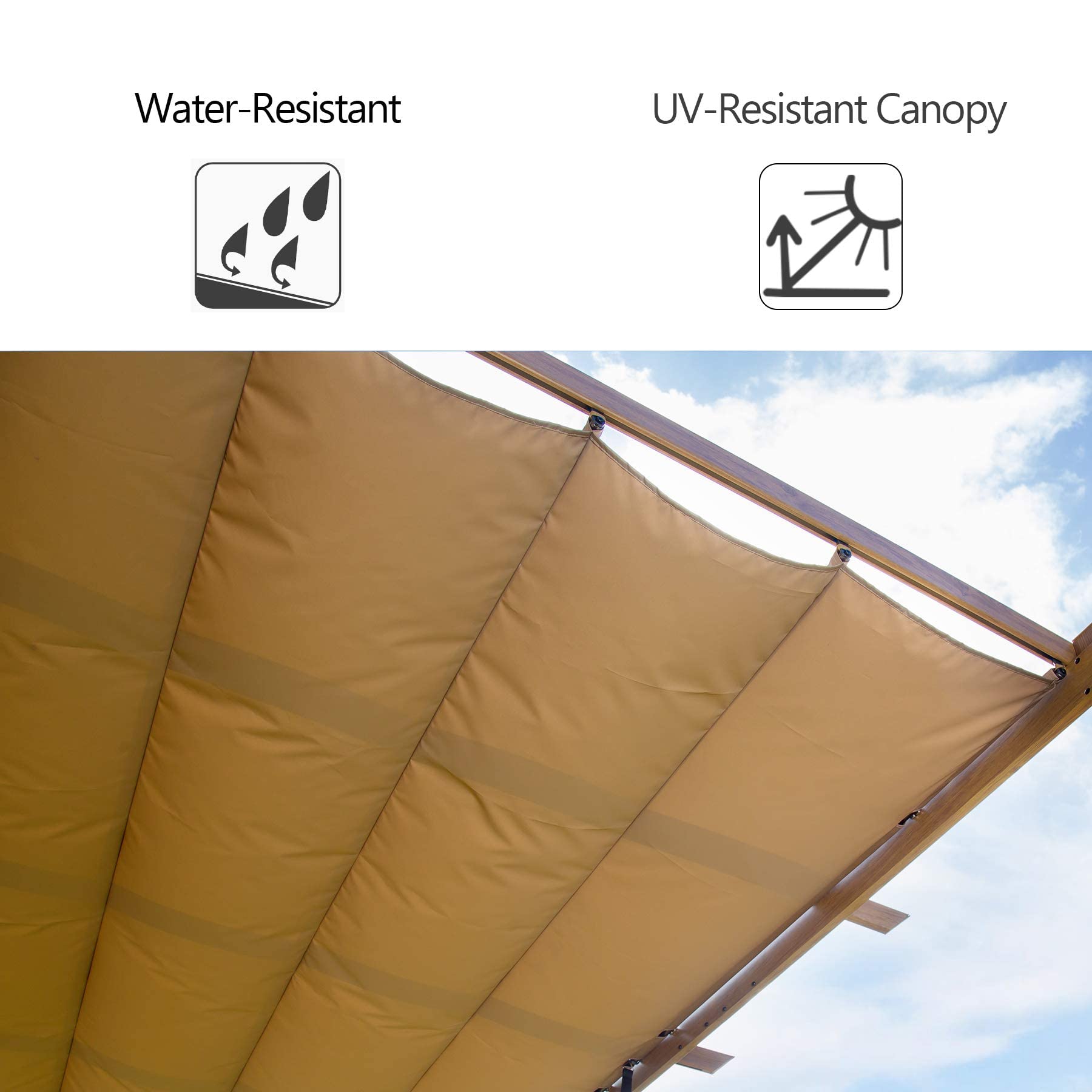 Domi Outdoor Living 10’ X 13’ Retractable Pergola with Heavy Duty Grape Trellis Sunshade - Teak Coated Patio Gazebo for Garden, Backyard & Courtyard | Perfect for Outdoor Dining, BBQ Grill Area & Relaxation