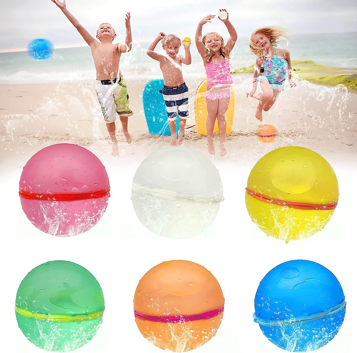 Chimoo 6 Pack Reusable Silicone Water Balloons with Self-Sealing Valve & Ball - No Tie, Colorful Splash Bombs for Kids Outdoor Water Games, Pool, Beach, Summer Fun