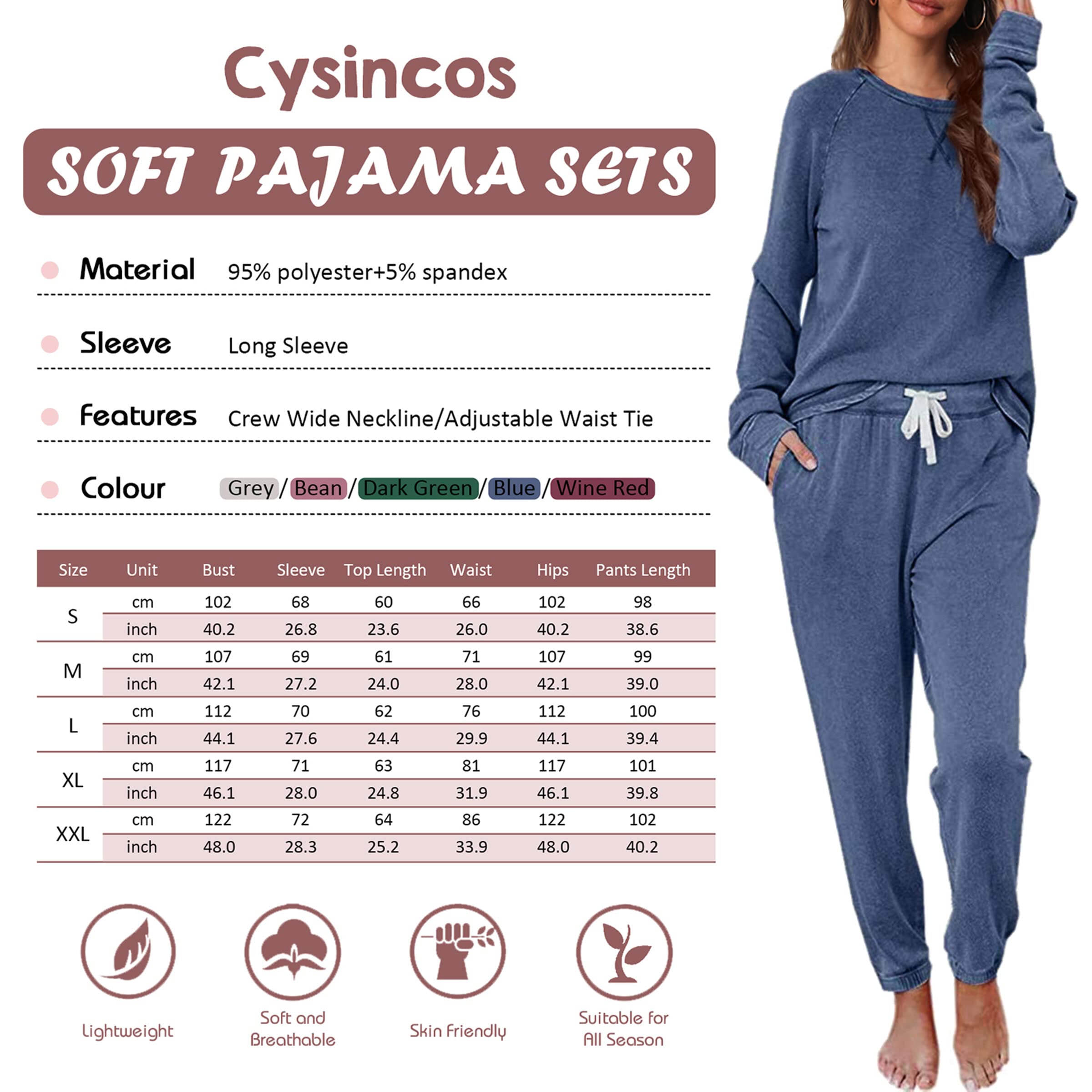 Cysincos Women's 2-Piece Sweatsuit Set - Long Sleeve Pullover & Drawstring Jogger Pants - Soft Loungewear, Pajama Outfit for Yoga, Running, Home Relaxation