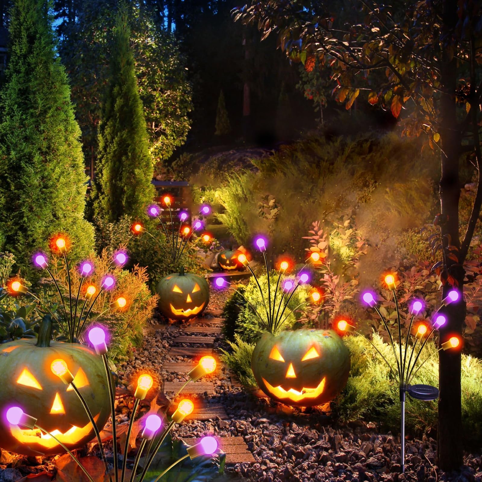 Albelt 6-Pack Solar Firefly Lights Outdoor Decorations - Wind Swaying, 48 LED Waterproof Garden Lights (Orange & Purple) for Halloween, Yard, Patio, Pathway - Perfect for Party Decor, Landscape Lighting & Nighttime Ambiance