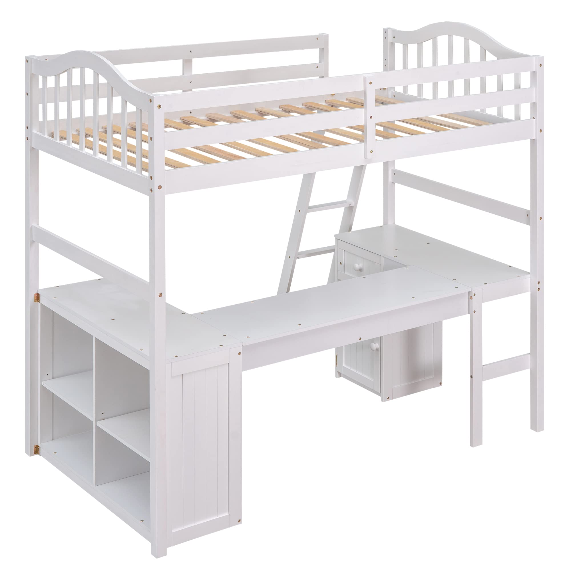 **Twin Loft Bed with Desk, Drawer & Cabinet - Wooden Study Bed for Kids, Teens & Adults - White - Perfect for Dorm Rooms, Small Spaces & Kids' Bedrooms**
