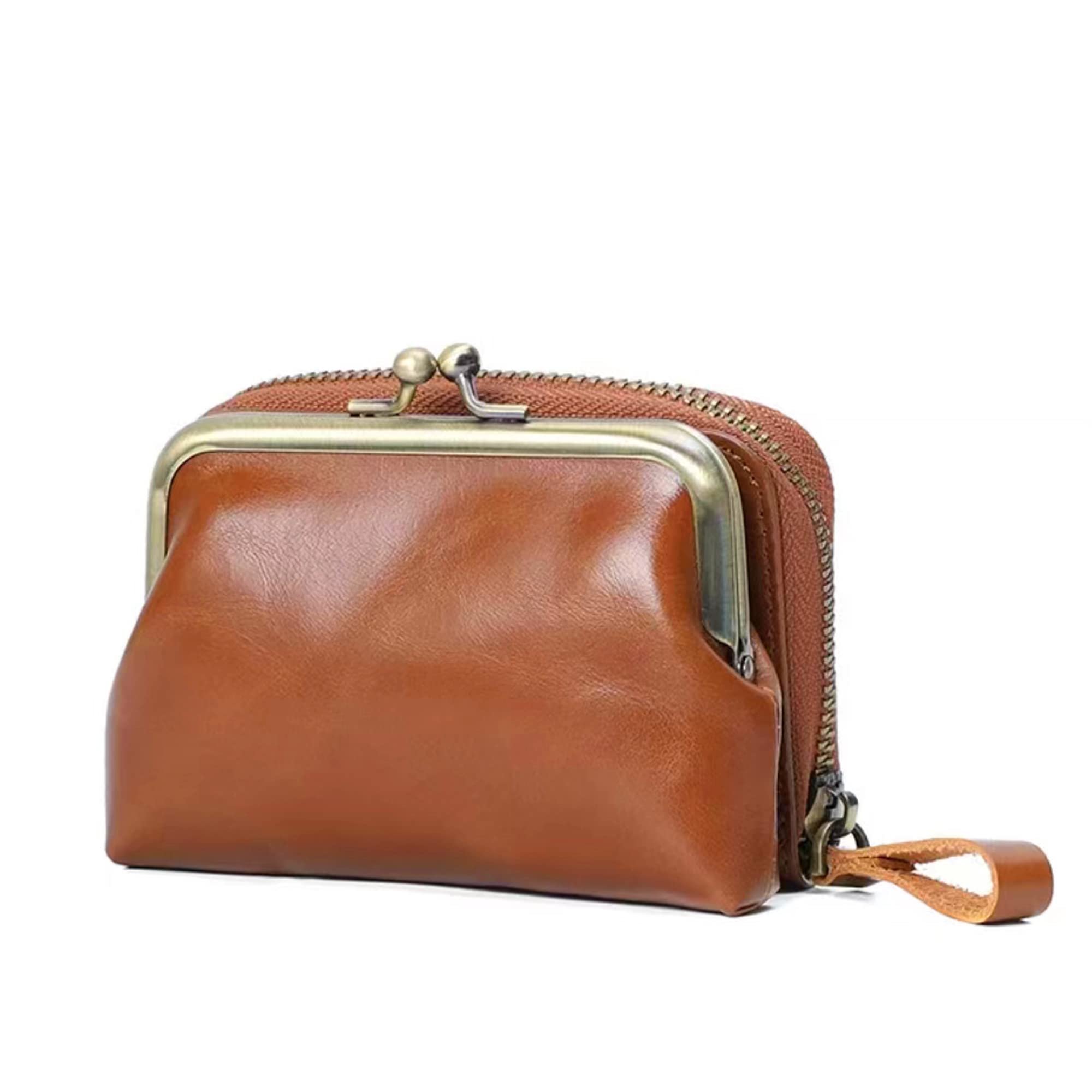 2-in-1 Personalized Leather Coin Purse & ID Card Holder - Genuine Leather Kiss-lock Zipper Wallet with Removable Blocking - Custom Travel Bag for Men & Women (Brown) | Perfect for Everyday Use, Travel & Gift Giving