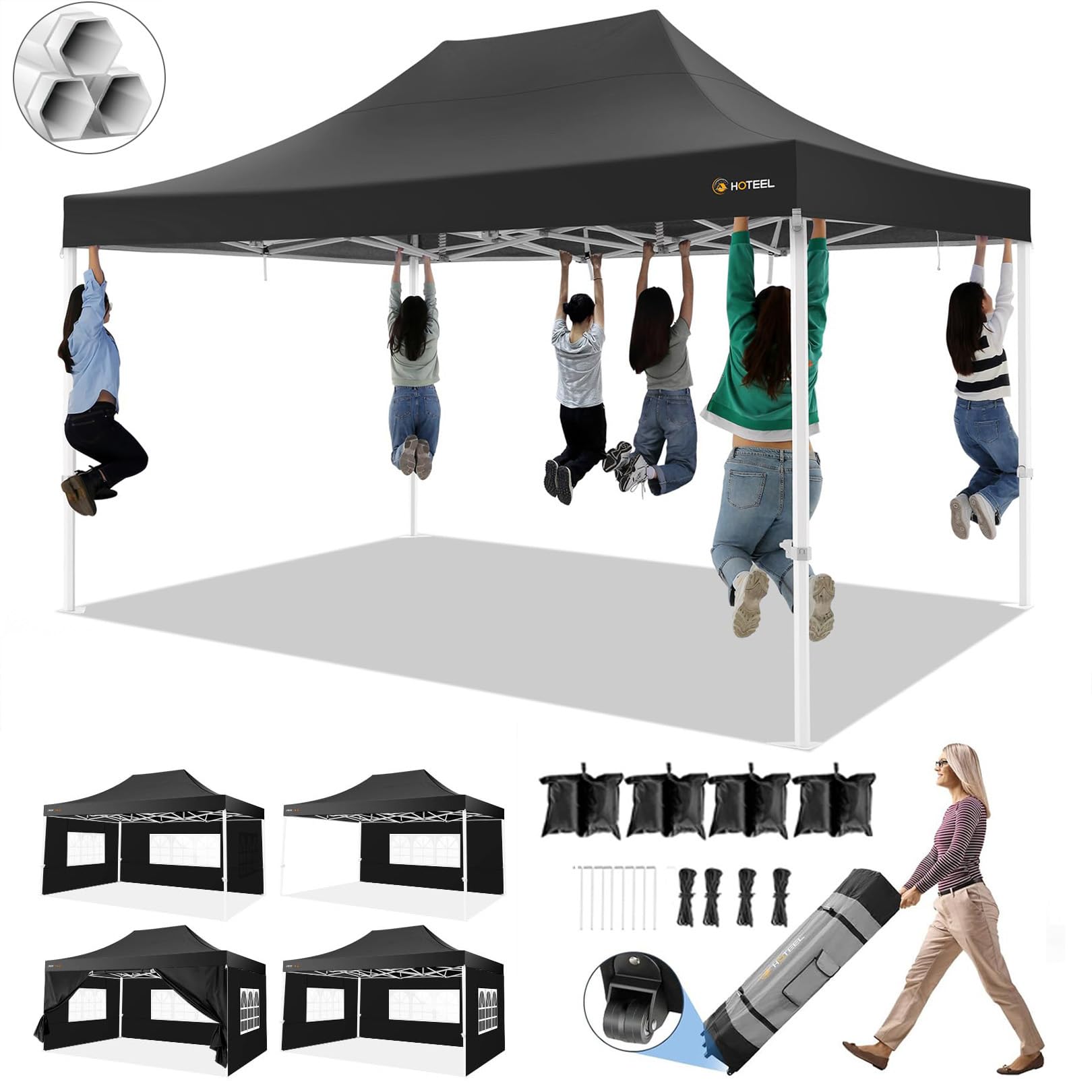HOTEEL 10x15 Heavy Duty Pop Up Canopy Tent - Easy Setup Commercial Gazebo with 4 Sidewalls, Roller Bag & Sand Bags - Hexagonal Frame for Outdoor Weddings, Parties, Events & Camping (Black)