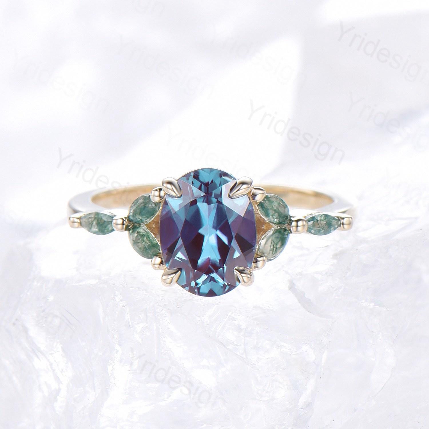 1.5CT Oval Cut Alexandrite & Marquise Green Moss Agate Art Deco Engagement Ring in 14K Yellow Gold - Women's Promise, Anniversary & Bridal Jewelry Gift for Weddings, Proposals & Special Occasions