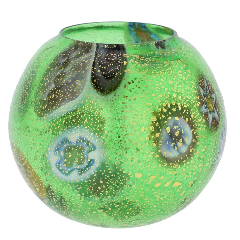 Venetian Murano Glass Millefiori Votive Candle Holder - Handcrafted Green Art Glass for Home Decor, Wedding Centerpieces & Gift Giving