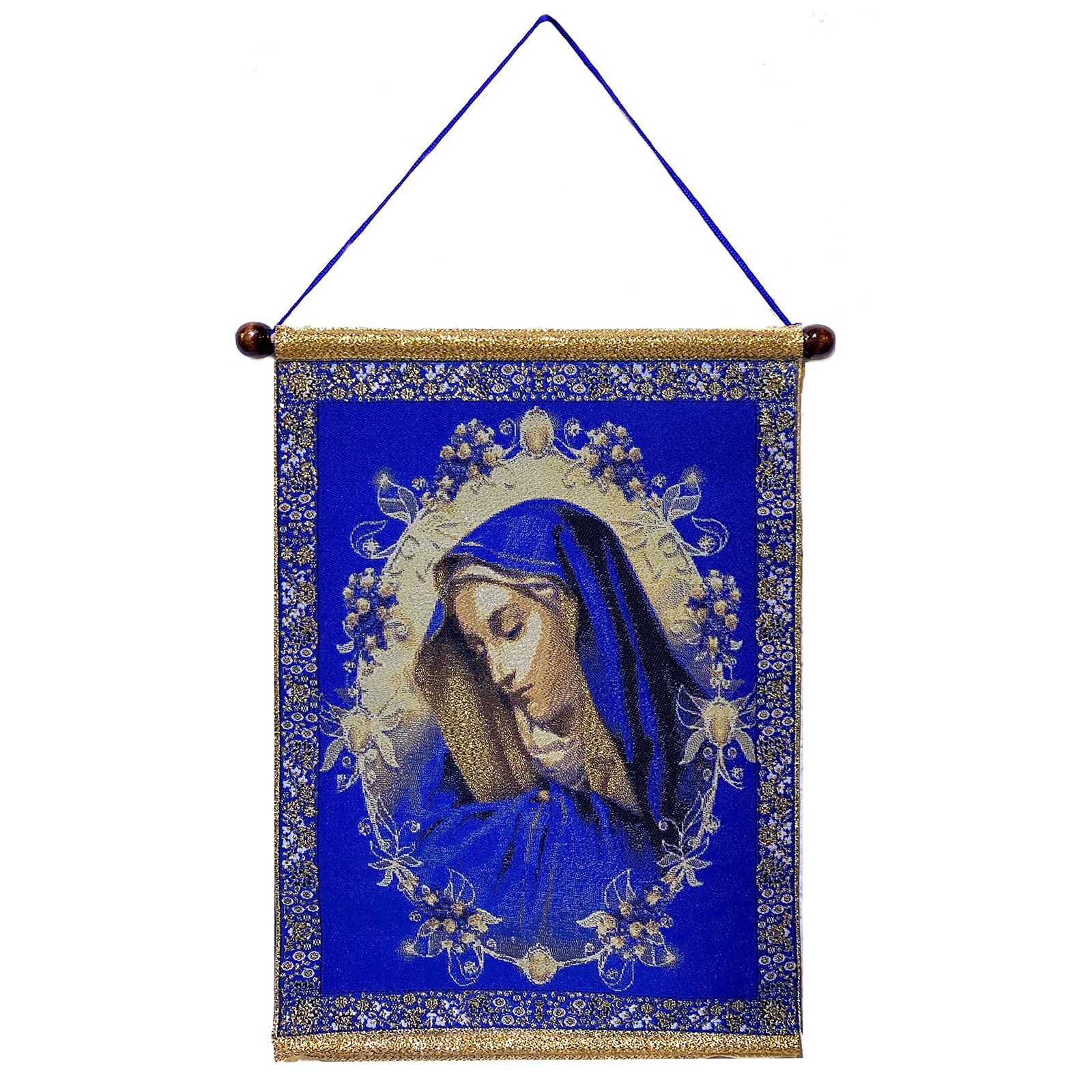Needzo 14 Inch Virgin Mary of Sorrows Wall Tapestry - Catholic Madonna Religious Wall Hanging Decor for Home, Church & Prayer Room - Blue & Gold Our Lady Icon Gift