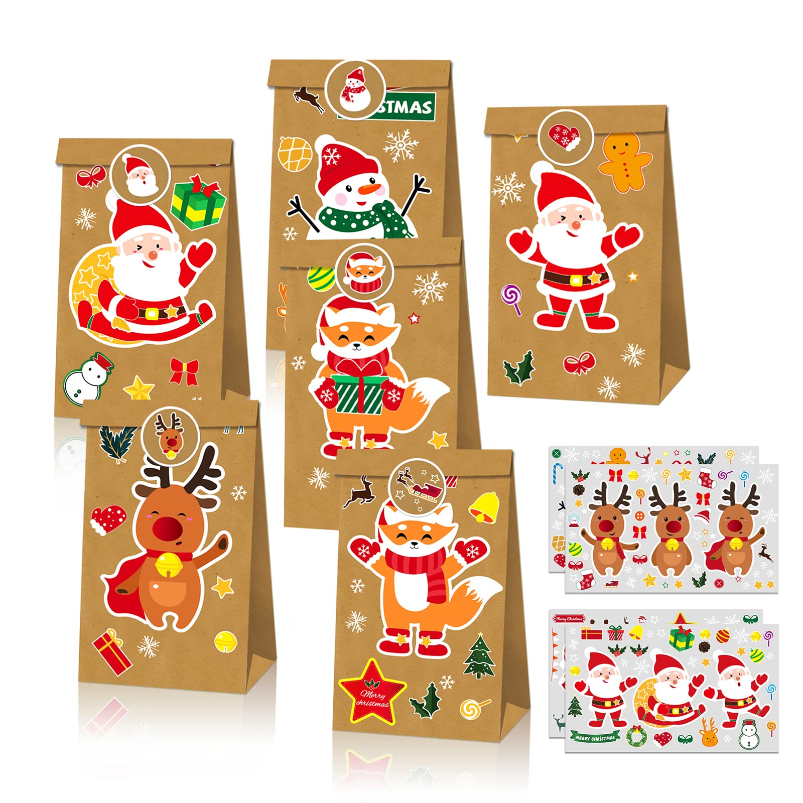 12-Piece Christmas Kraft Gift Bags with Holiday Stickers - Eco-Friendly DIY Gift Wrapping Bags for Christmas Presents - Perfect for Holiday Parties, Secret Santa & Festive Gift Giving