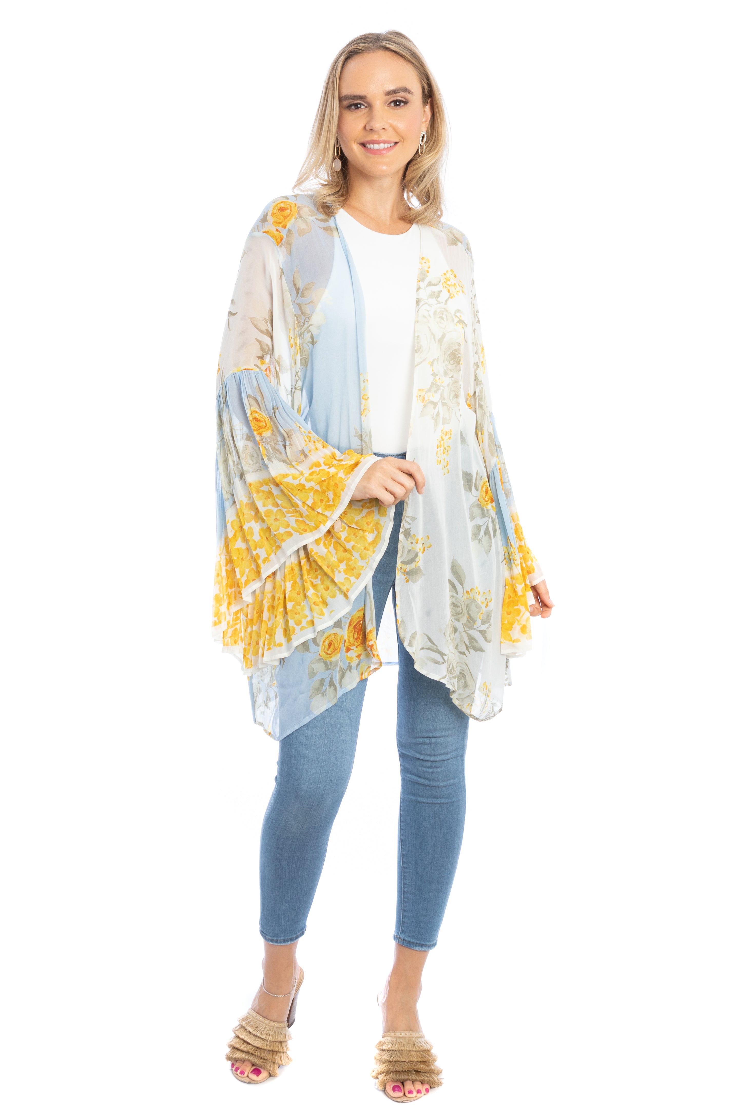 Mystical Garden Ruffle Sleeve Kimono - Floral Print Boho Cover Up for Women - Perfect for Beach, Pool, or Summer Outfits