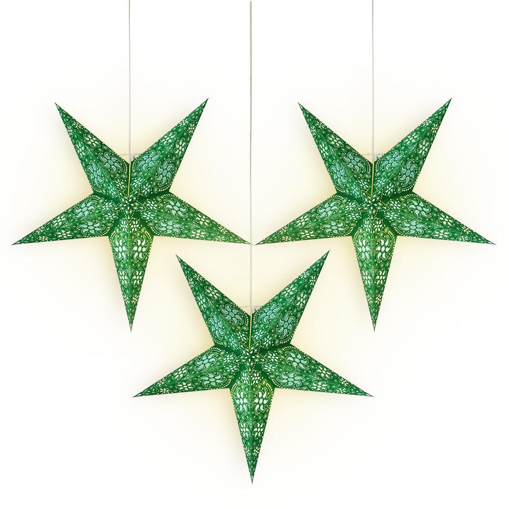 3 Pack 24 Green Winds Paper Star Lanterns with LED Bulbs & Lamp Cord - Hanging Party Decor for Wedding, Baby Shower, Christmas & Outdoor Garden Lighting