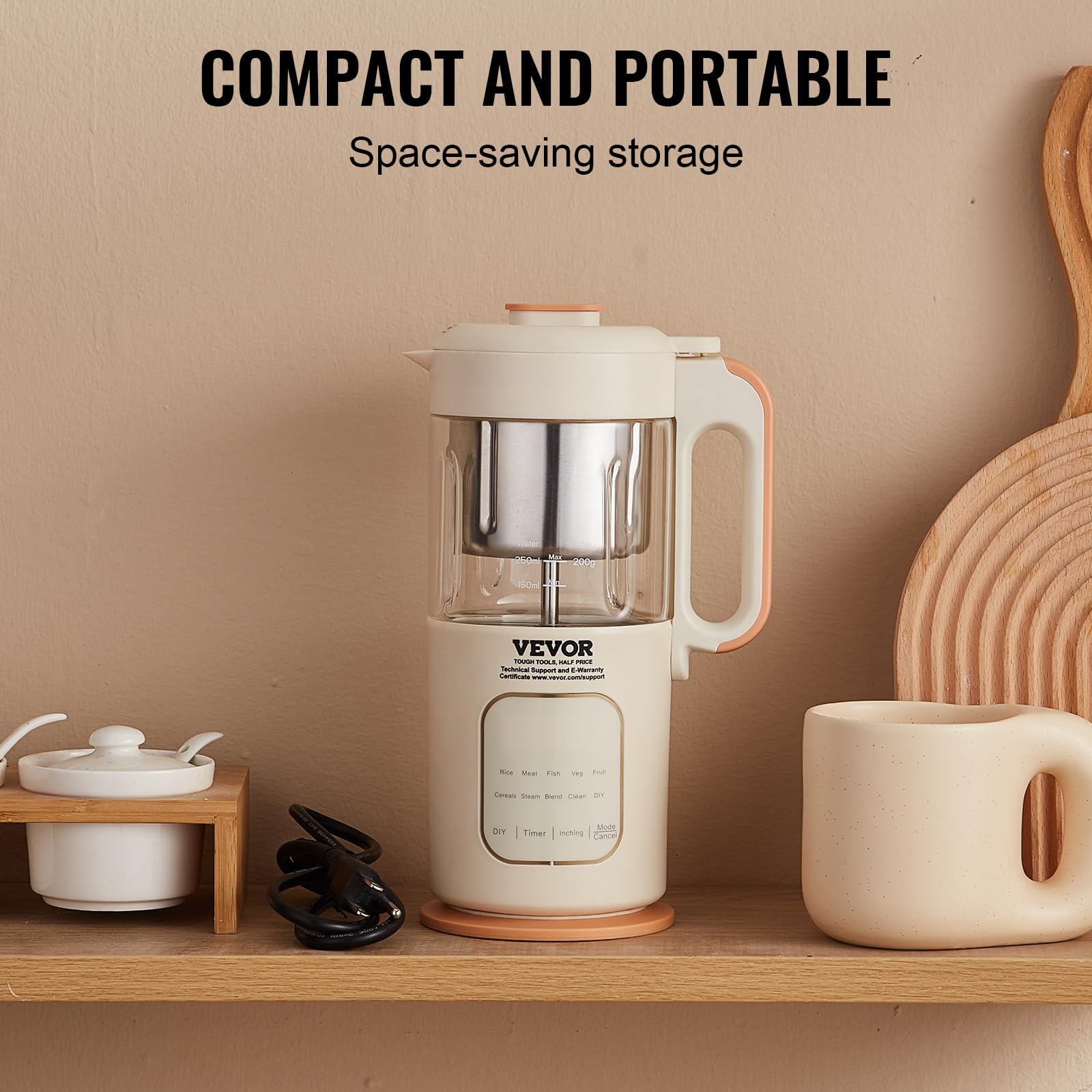 VEVOR 500W Baby Food Maker & Processor with 300ml Glass Bowl - 4-Blade Stainless Steel Puree Blender, Steamer & Grinder for Fruits, Vegetables & Meat | Perfect for Homemade Baby Food Prep & Healthy Toddler Meals | Beige