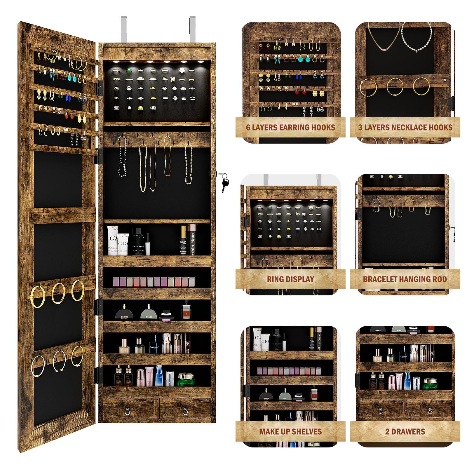 SDHYL LED Mirror Jewelry Cabinet - Full Length Wooden Storage Organizer with Lock, Wall or Door Mounted - Rustic Brown for Bedroom, Closet & Dressing Room