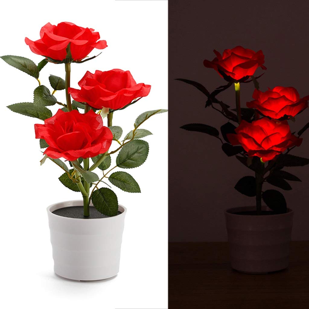 Solar Powered LED Table Lamp with Artificial Rose Plant - Decorative Bedside Nightstand Light for Bedroom, Balcony, Garden, Lawn (Red) - Perfect for Romantic Ambiance, Home Decor & Outdoor Lighting