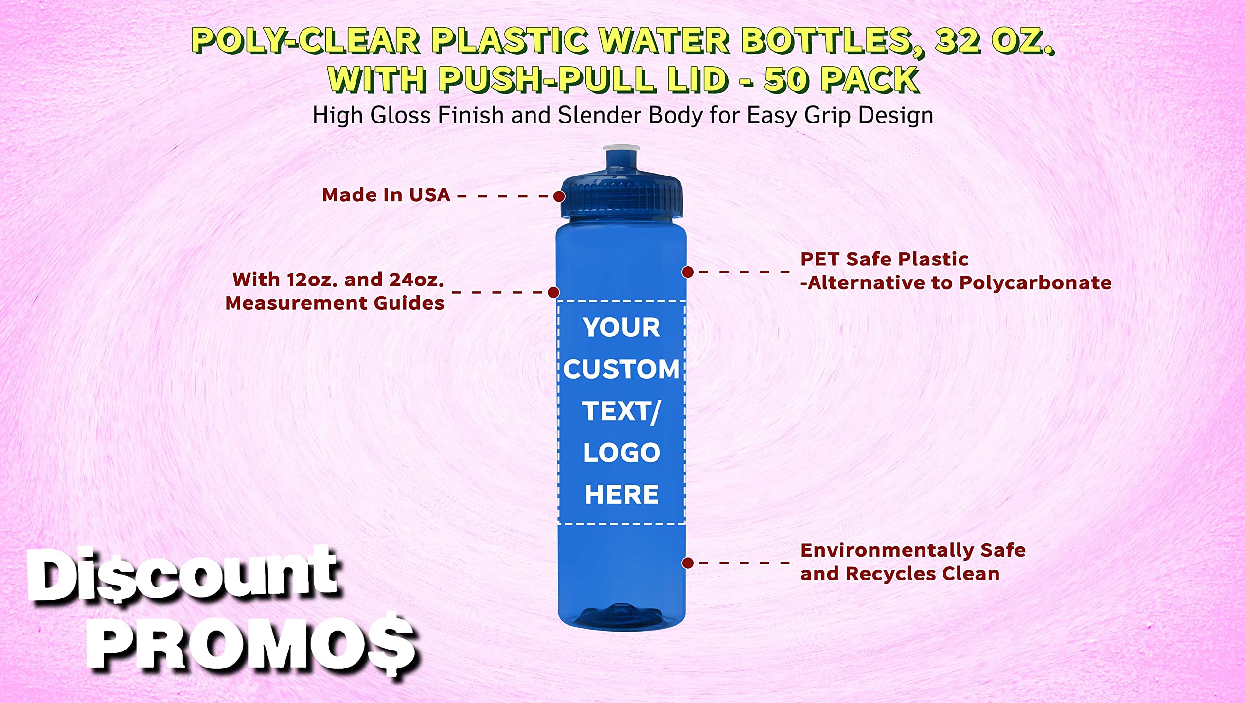 50 Pack 32oz Clear Plastic Water Bottles with Push-Pull Lids - Customizable Text & Logo - Durable, Leak-Proof, Reusable - Transparent Blue - Perfect for Sports, Gym, Office, and Outdoor Activities