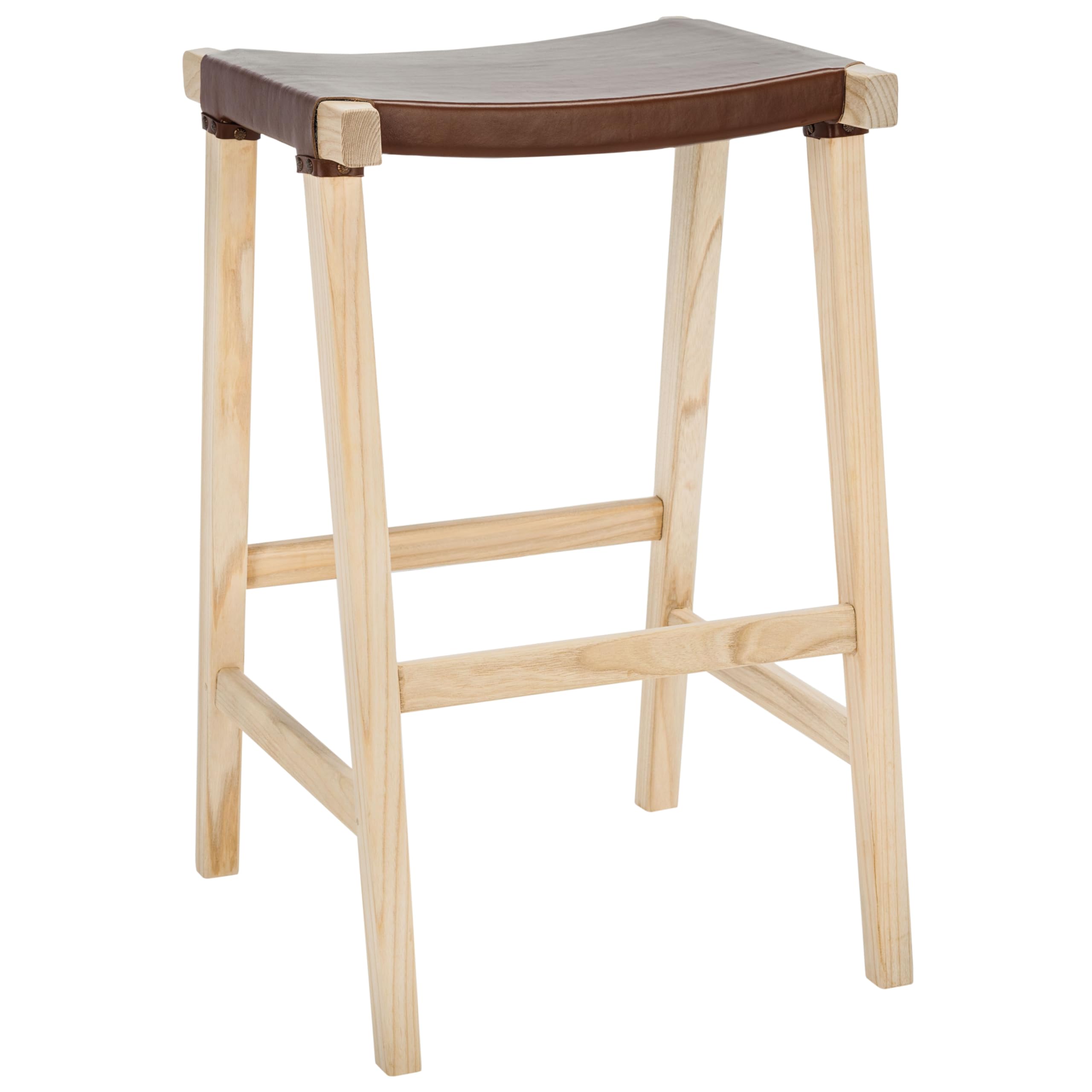 SAFAVIEH Aariz 30-inch Rectangle Bar Stool - Cognac Brown Leather & Natural Finish - Fully Assembled Kitchen, Breakfast Nook, Dining & Pub Stool - Perfect for Home, Restaurant & Cafe Use
