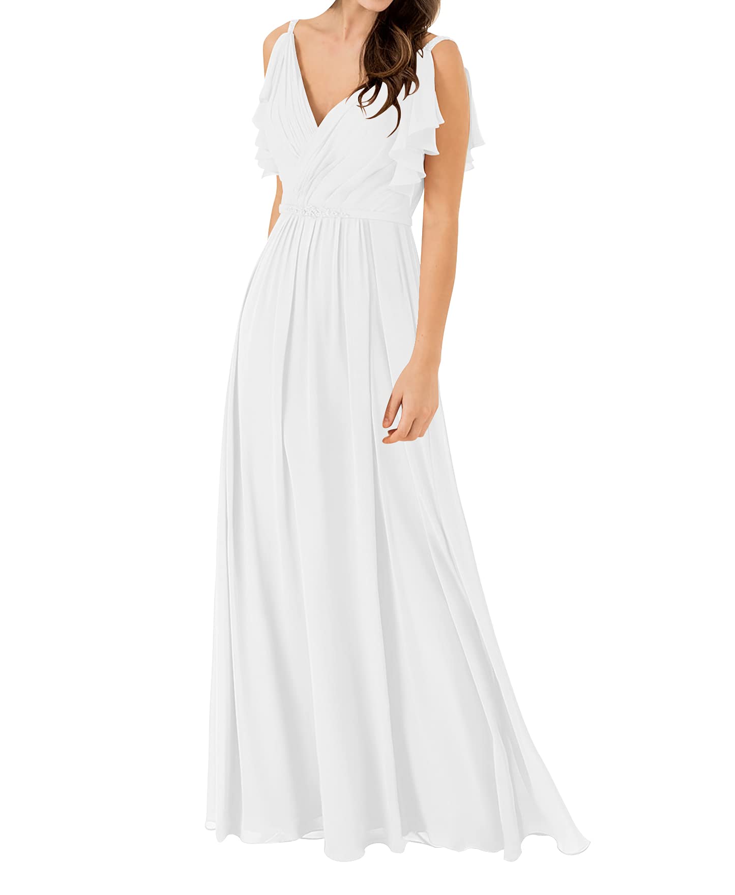 JAEDEN Elegant Chiffon Beach Wedding Dress for Bride - Ruffled Bridal Gown with Flowy Train | Perfect for Beach, Destination, and Outdoor Summer Weddings