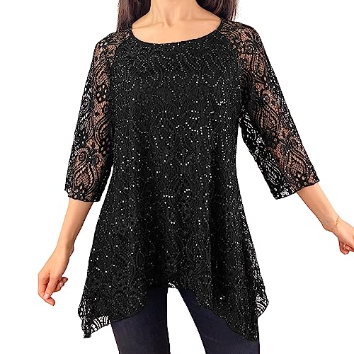 3/4 Sleeve - Black Floral Glitter Sequins Lace
